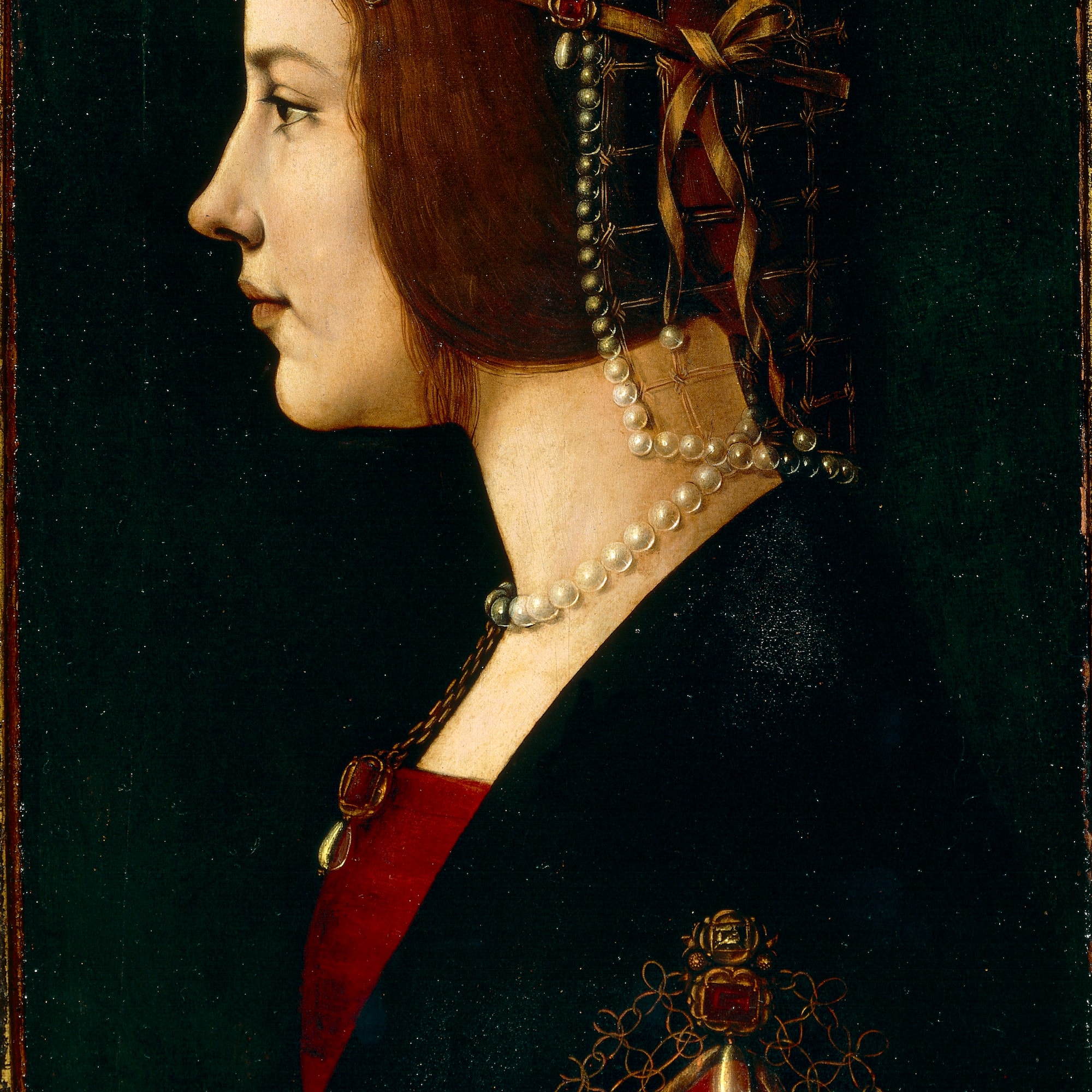 a painting of a woman wearing a pearl necklace