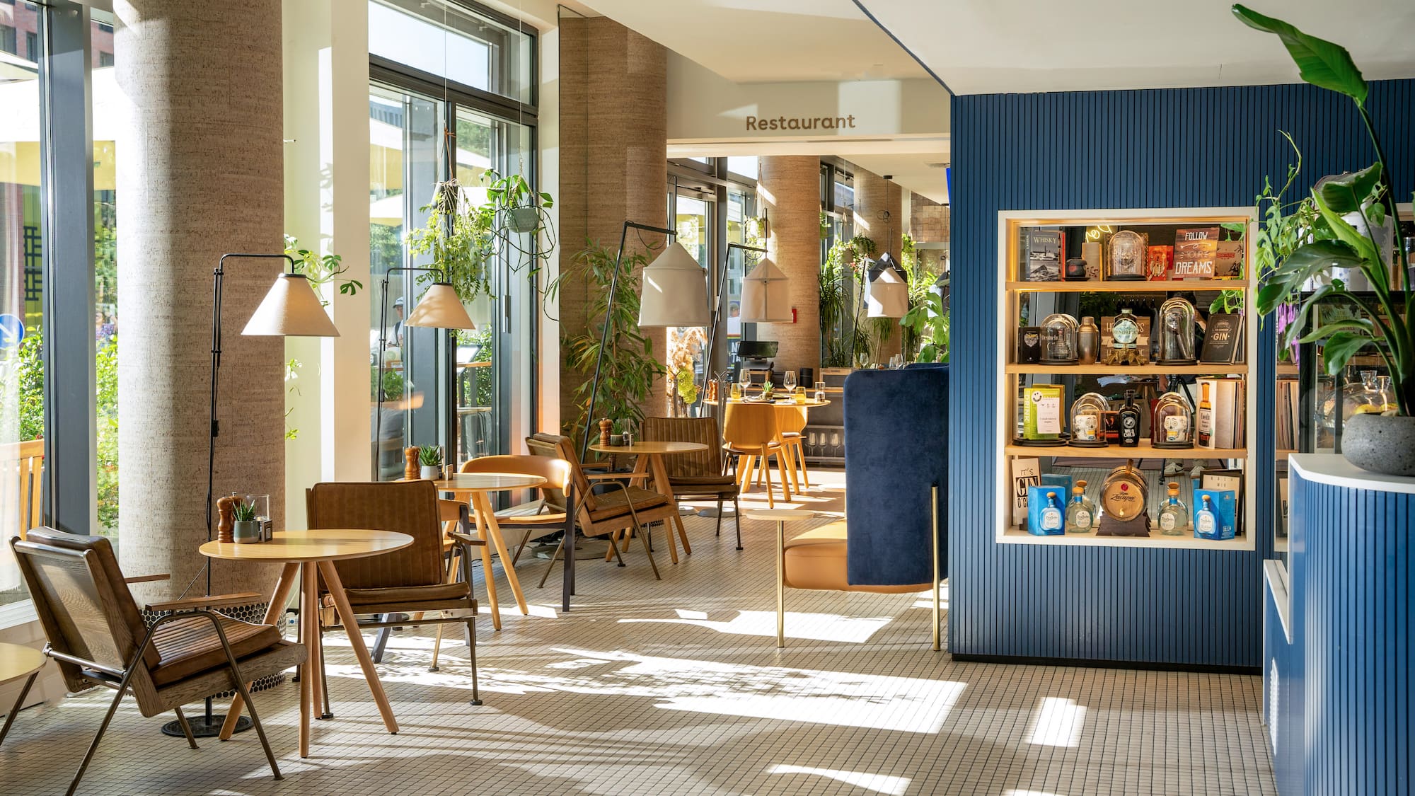 a building with columns and a sign