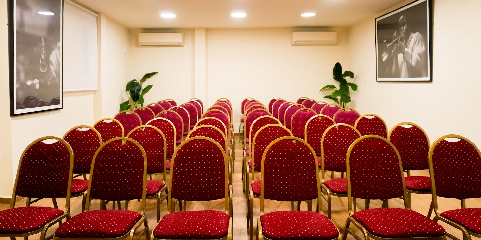 rows of red chairs in a room