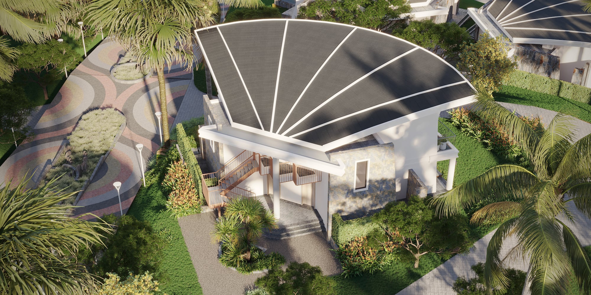 a building with a roof and trees