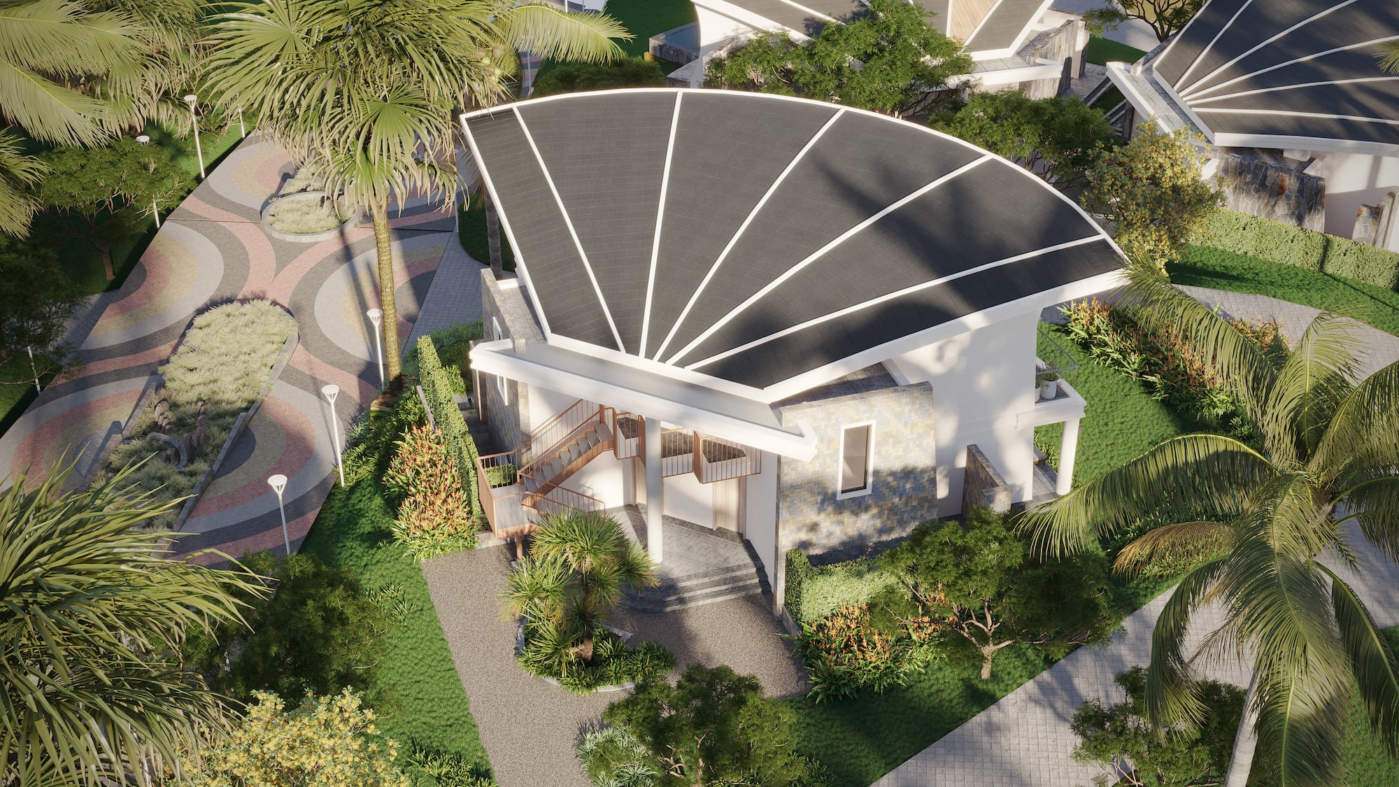 a building with a roof and trees