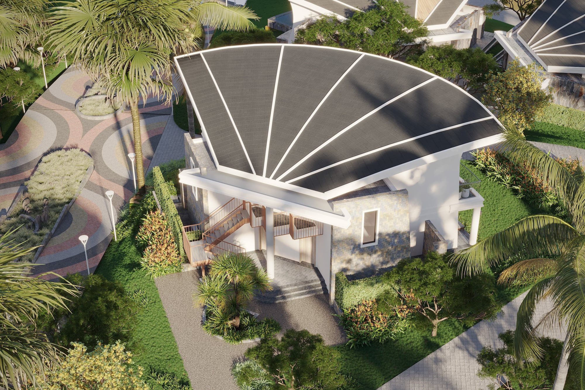 a building with a roof and trees