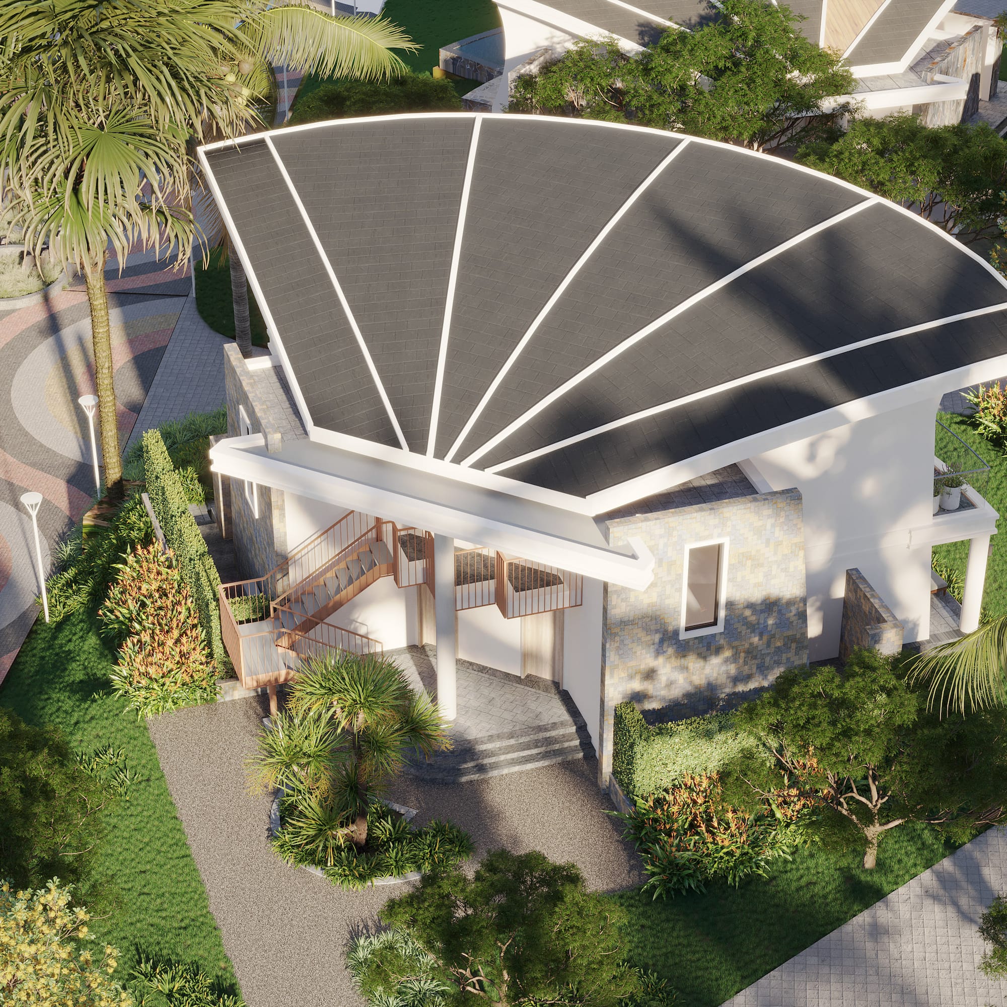 a building with a roof and trees