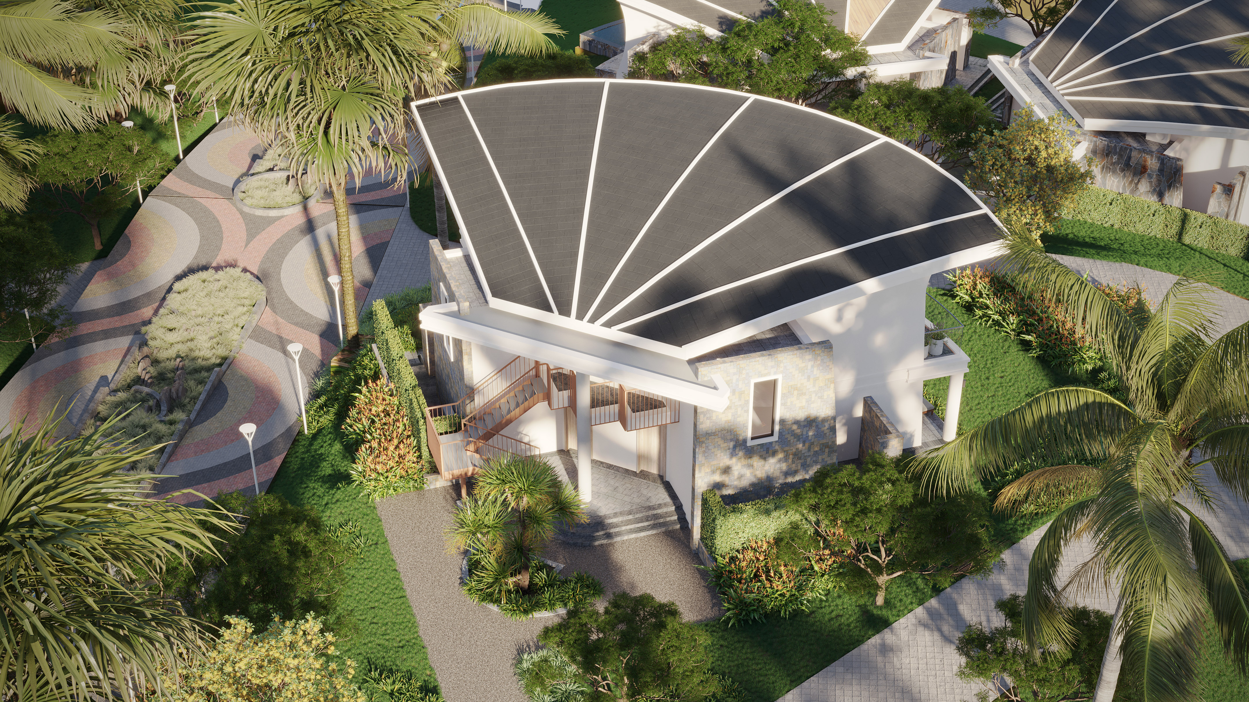 Aerial view: modern house with fan roof, tropical garden, patterned walkways.