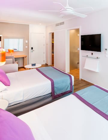 a room with two beds and a tv