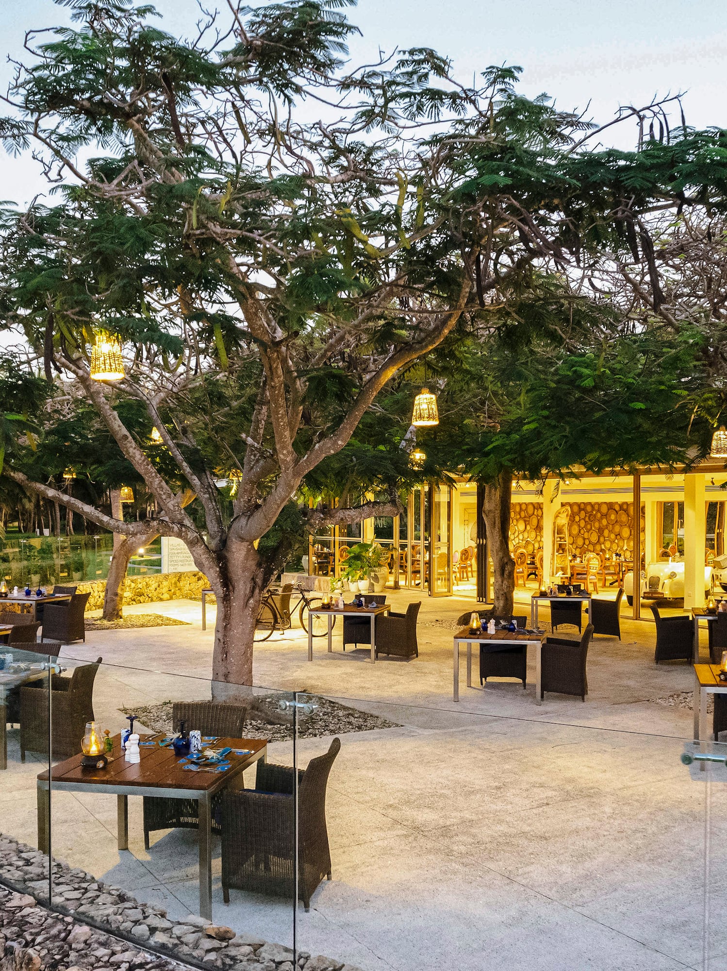 a restaurant with tables and chairs under trees
