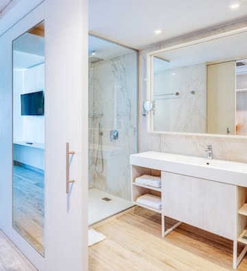 a bathroom with a shower and a mirror
