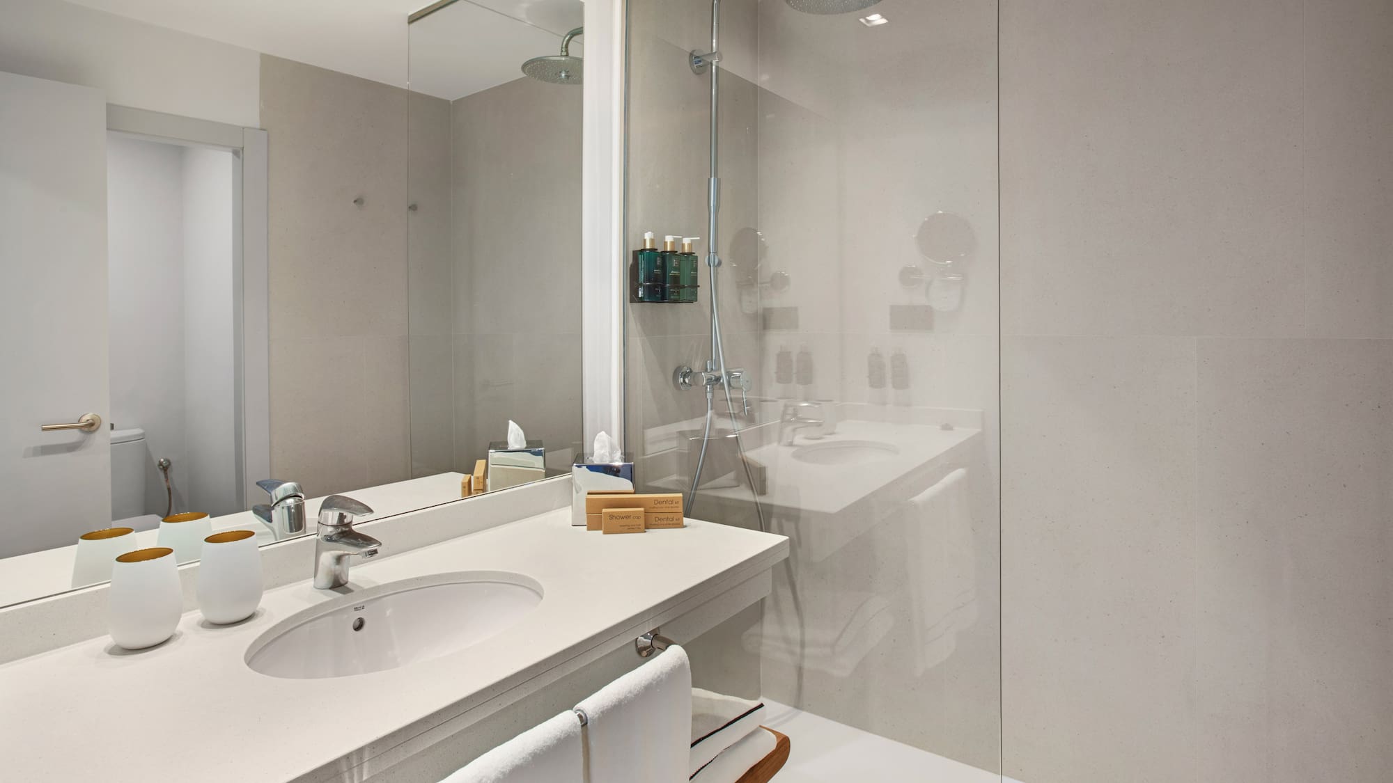 a bathroom with a shower and sink