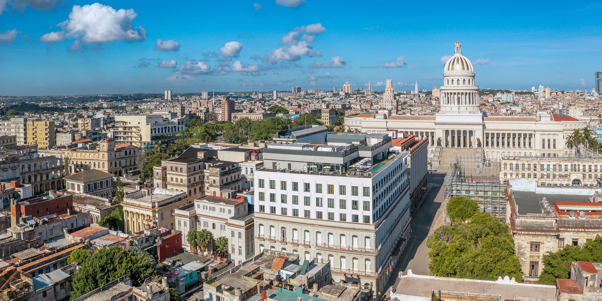 a city with a large building