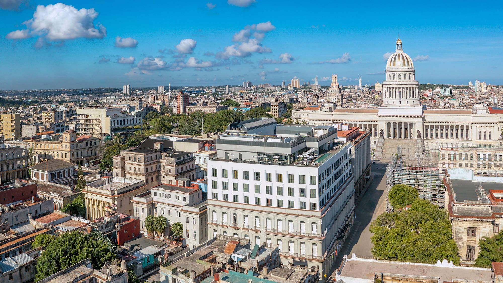 a city with a large building