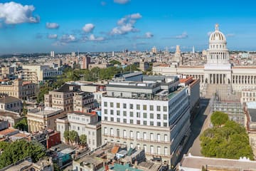 a city with a large building
