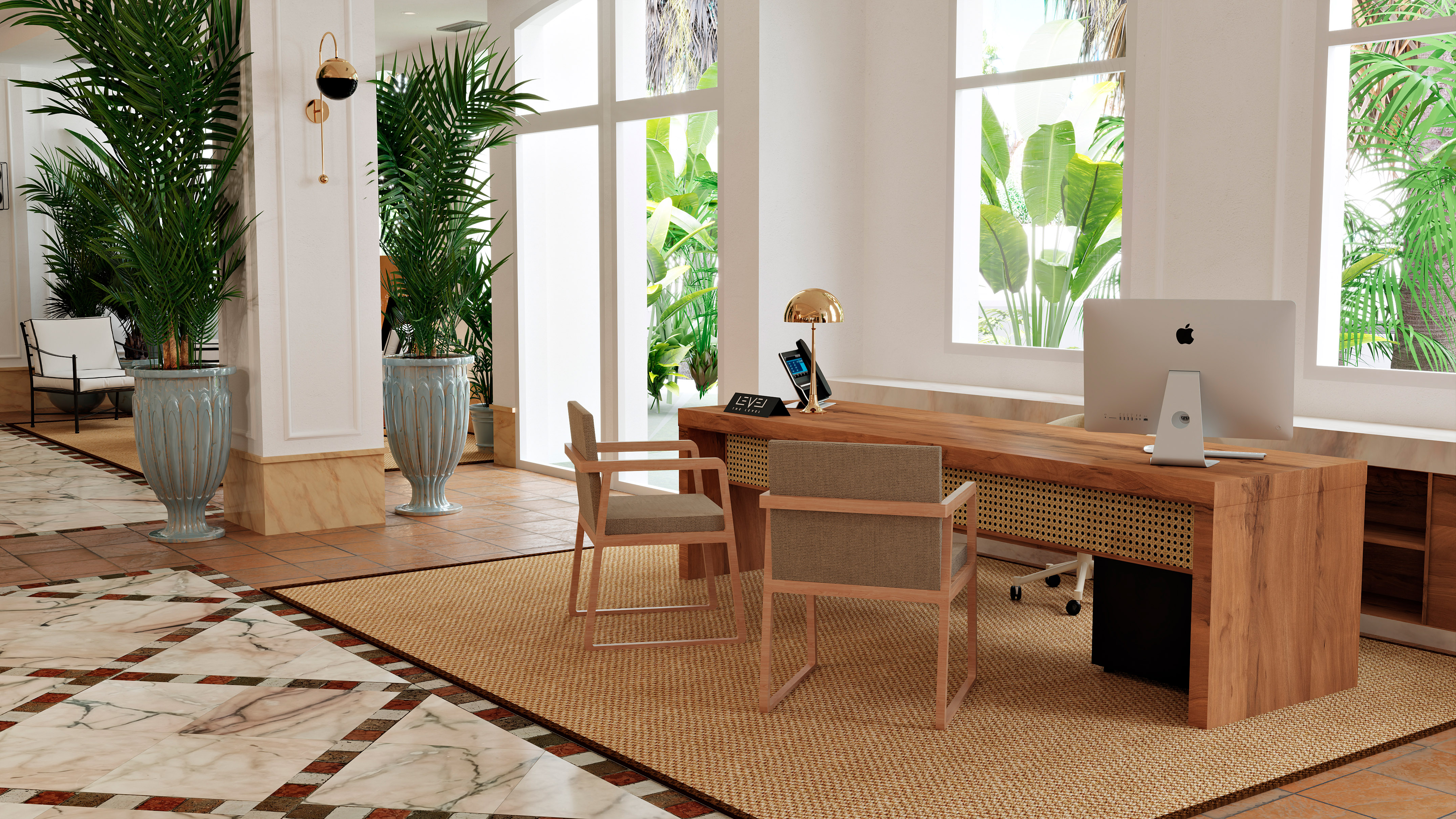 a room with a desk and chairs