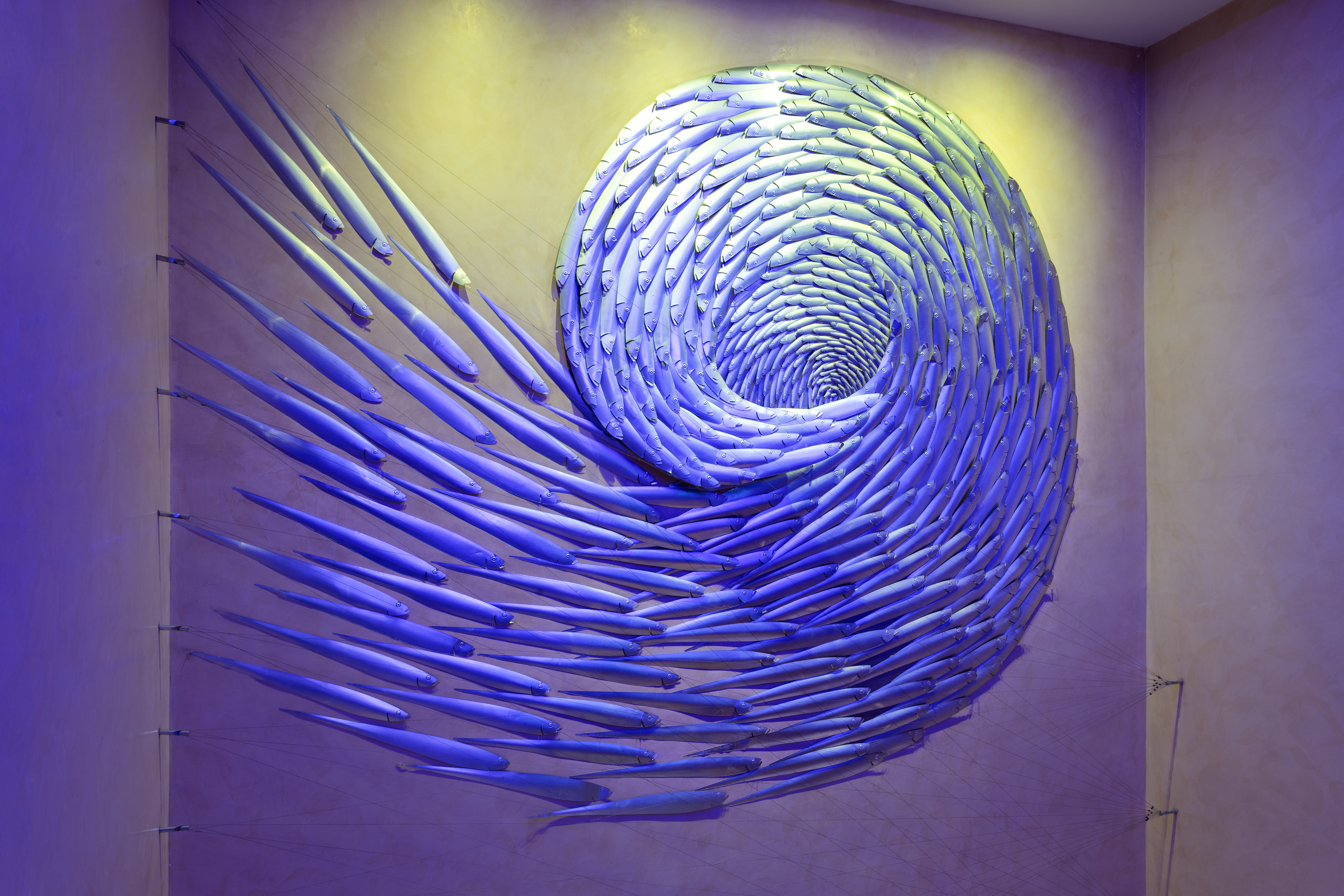 Blue fish spiral wall sculpture with dramatic blue and yellow lighting.