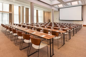 a room with tables and chairs