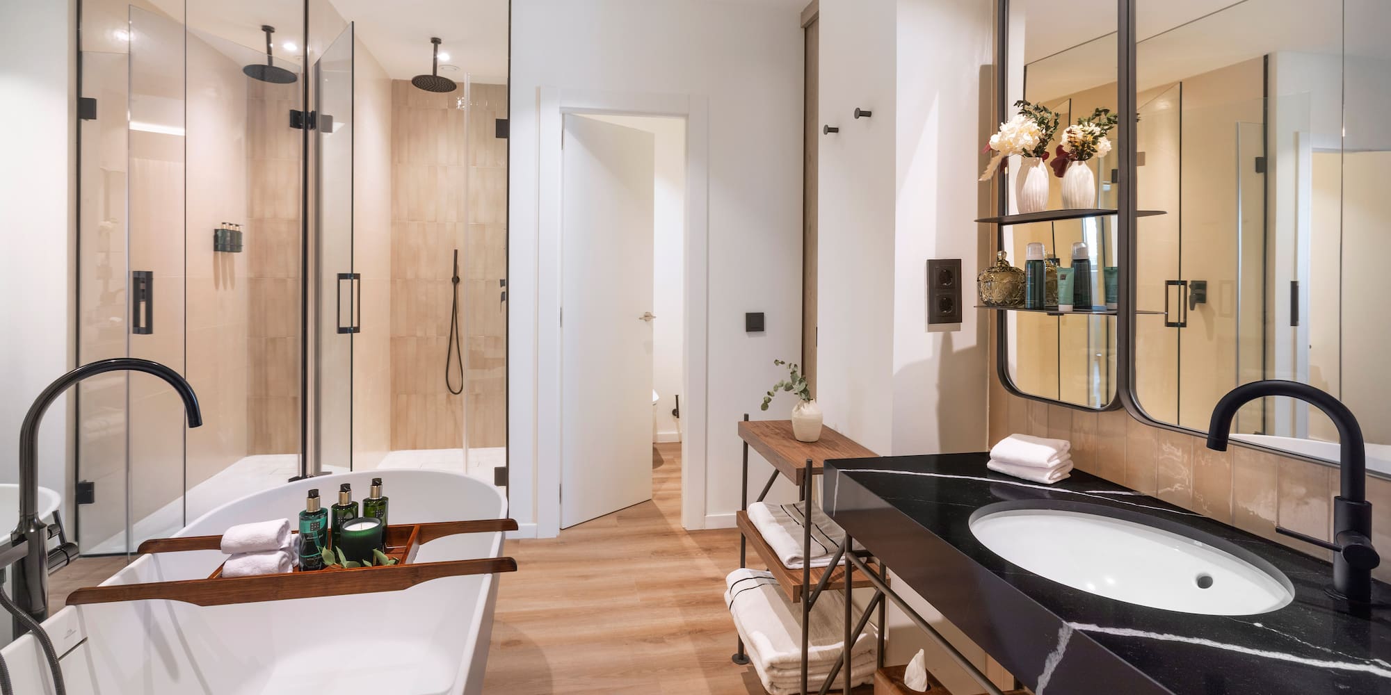 a bathroom with a tub and a sink