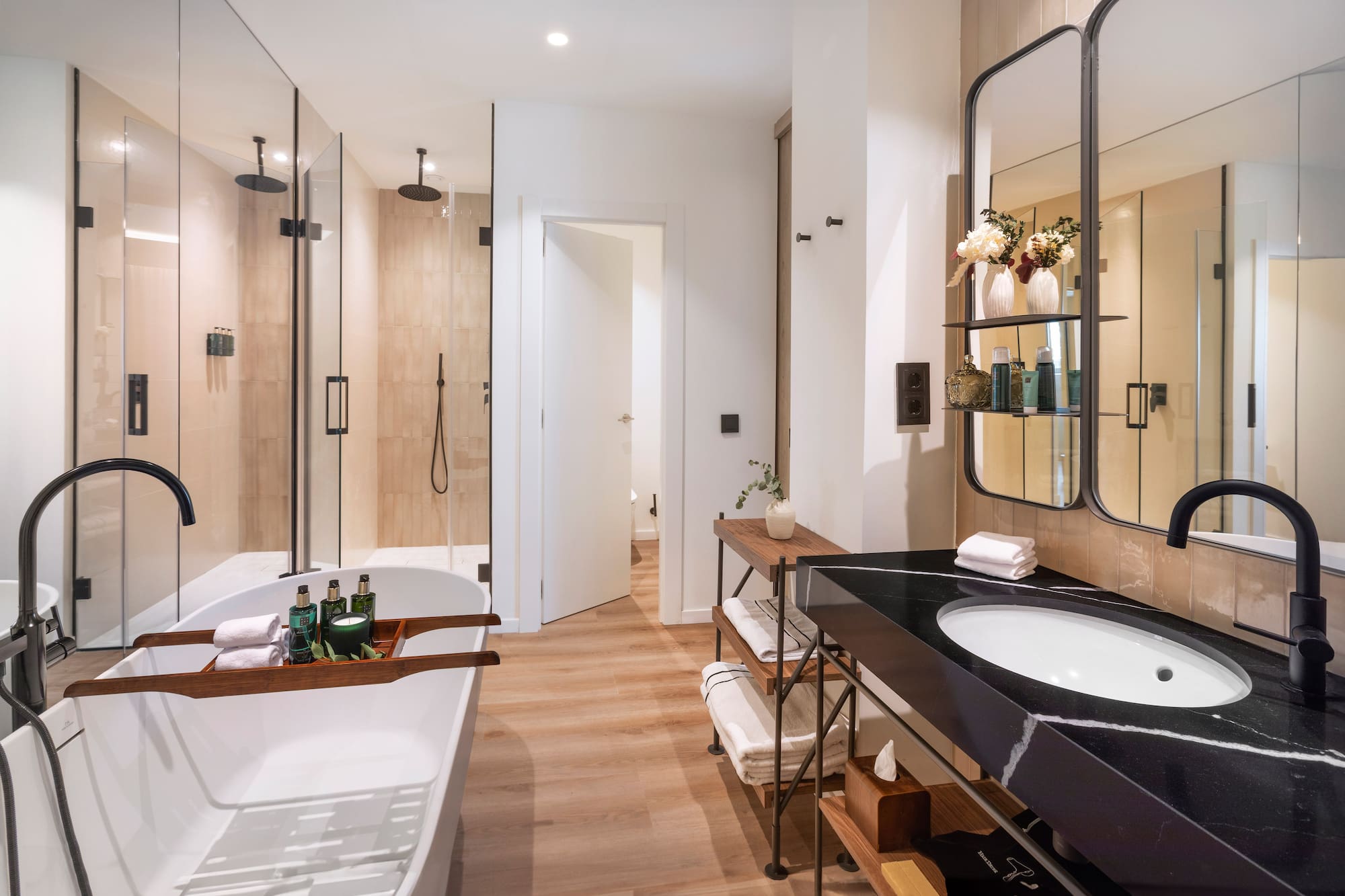 a bathroom with a tub and a sink