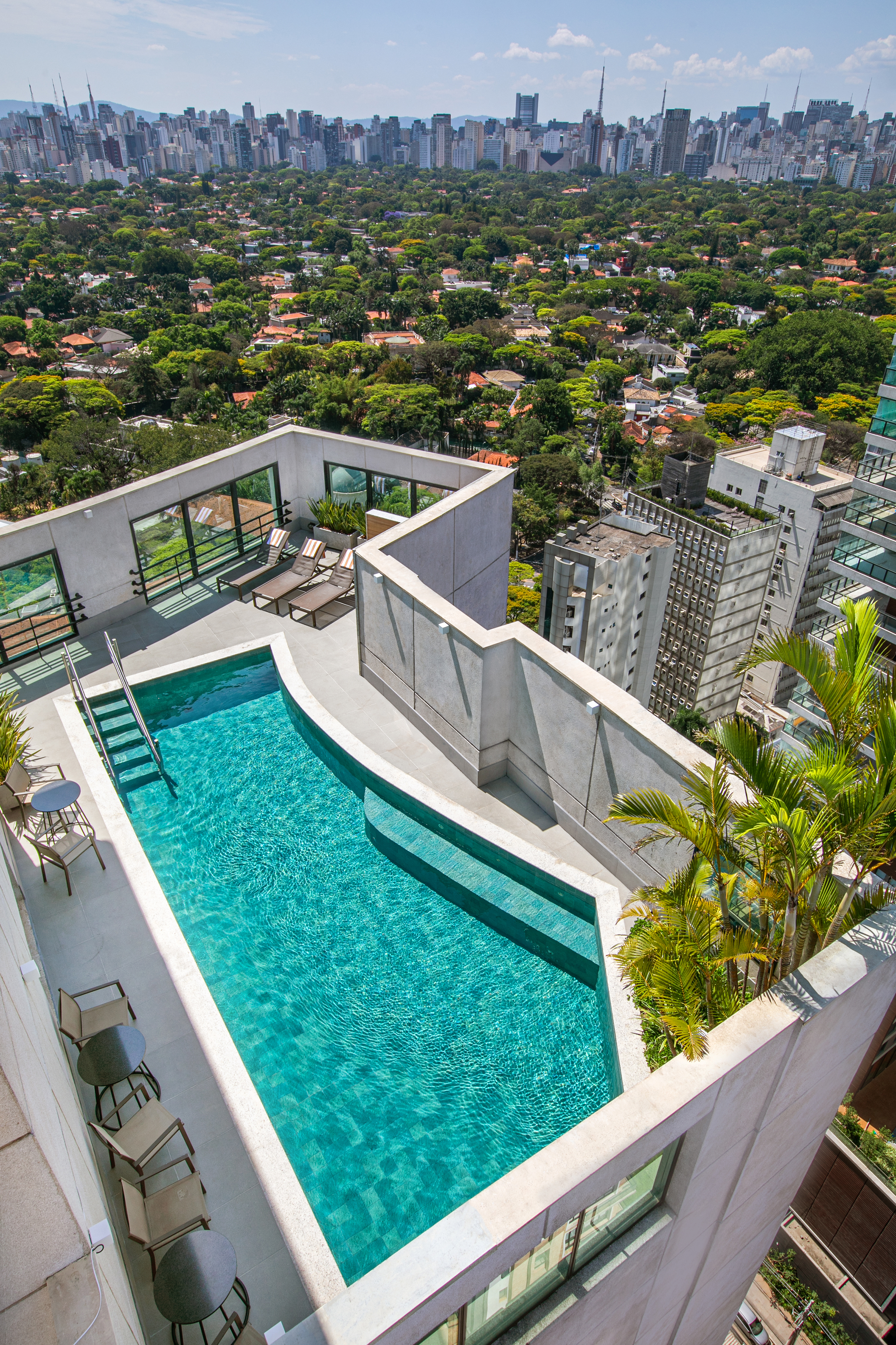 Rooftop swimming pool, lounge chairs, palm trees, and city skyline view.