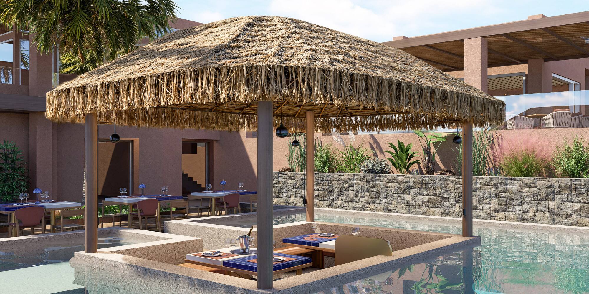 a pool with a thatched roof and tables and chairs