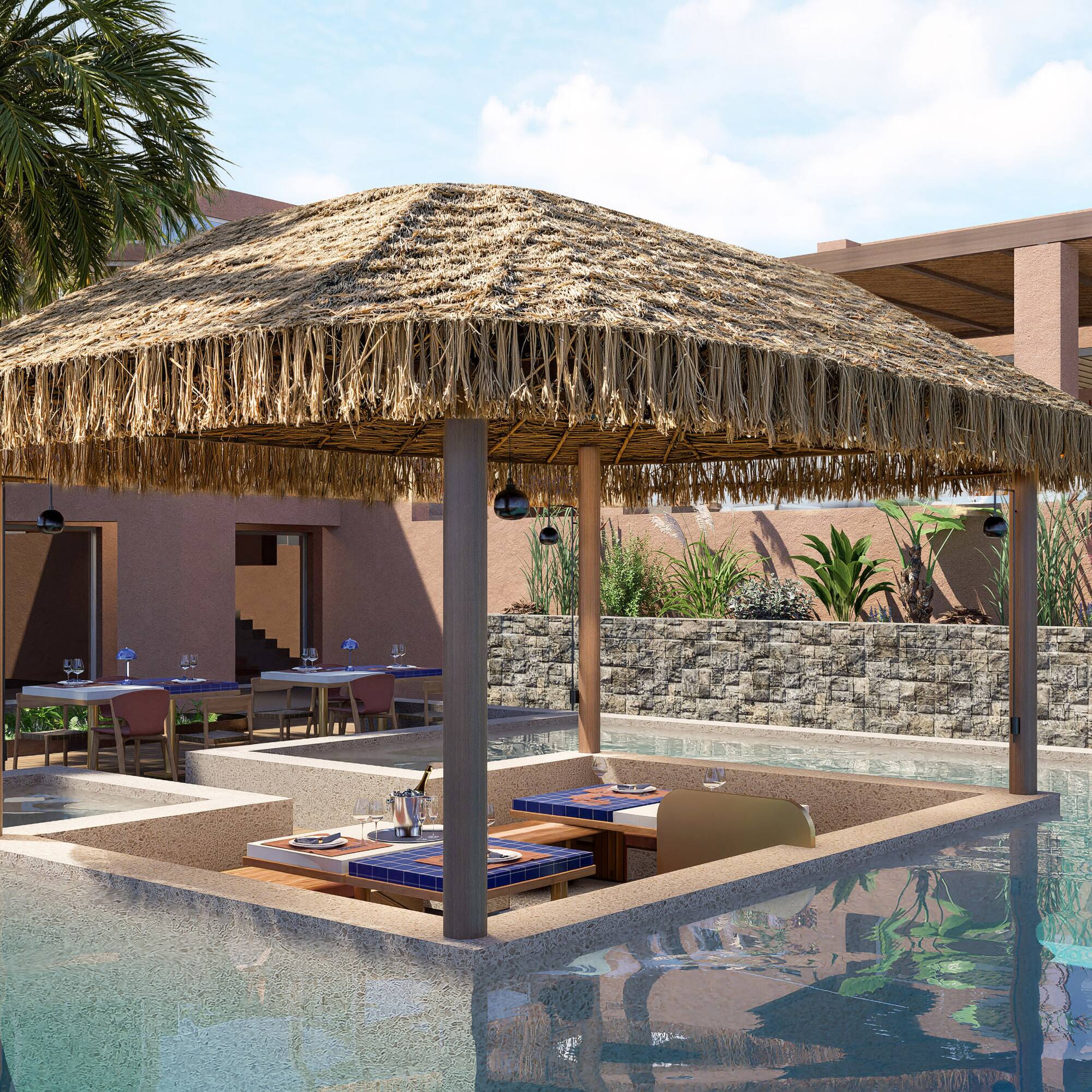 a pool with a thatched roof and tables and chairs