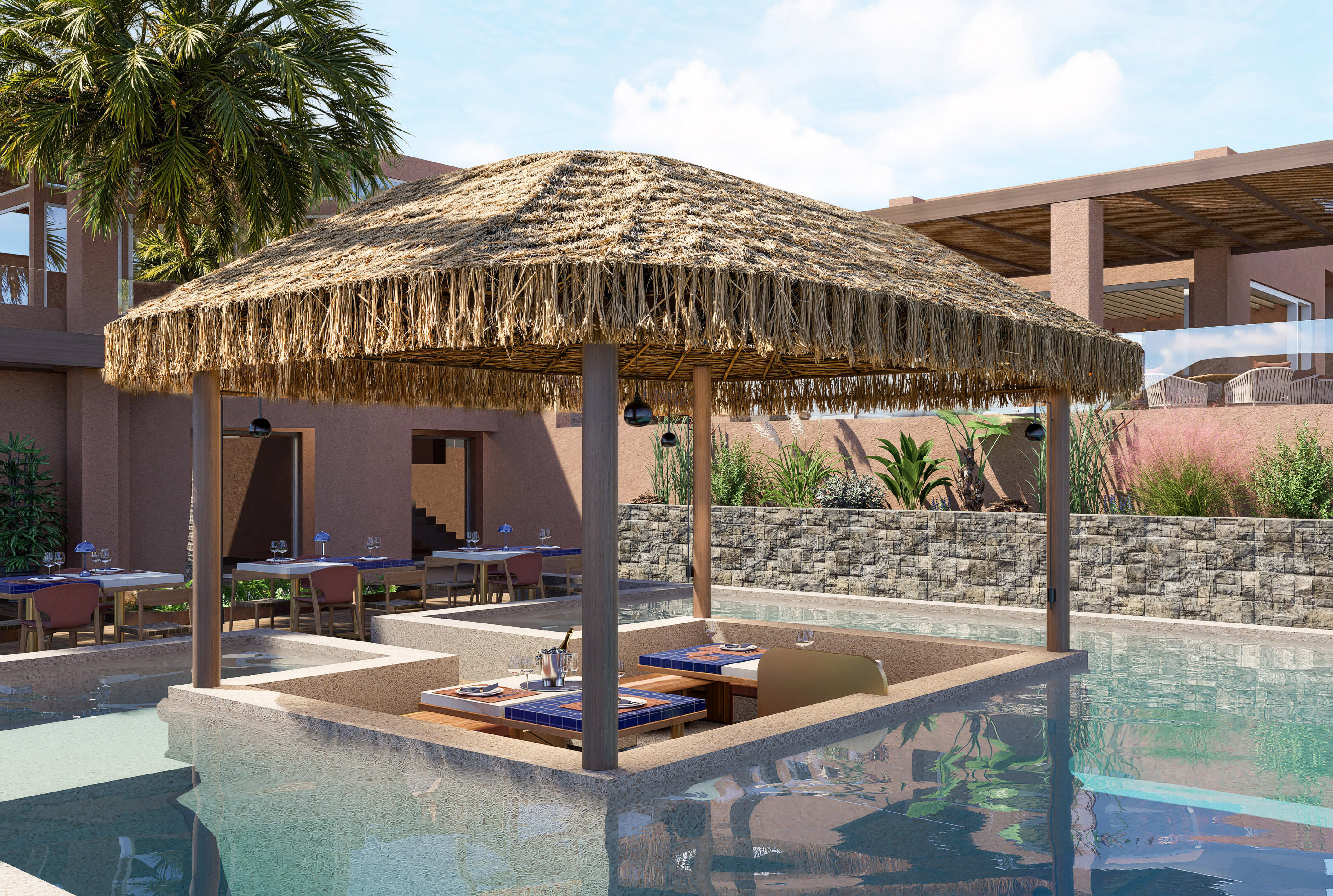 a pool with a thatched roof and tables and chairs