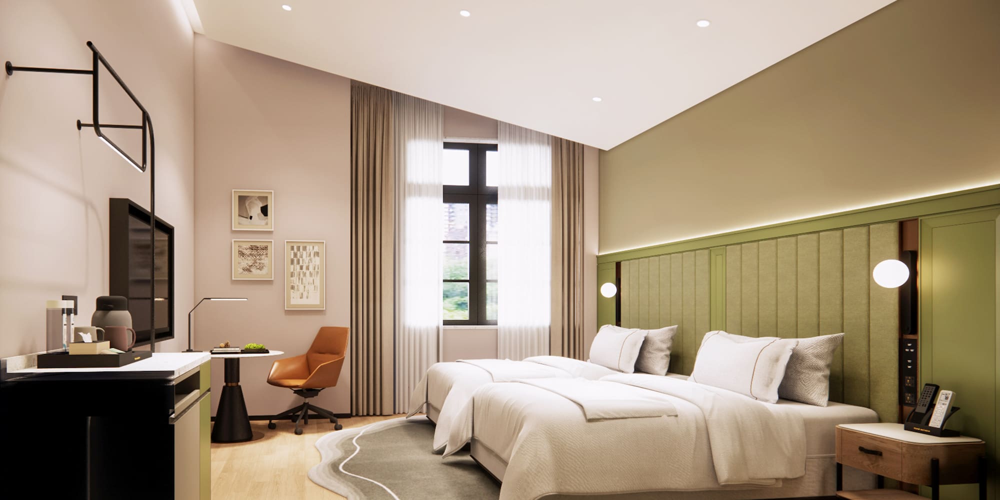 a bedroom with a bed and a desk