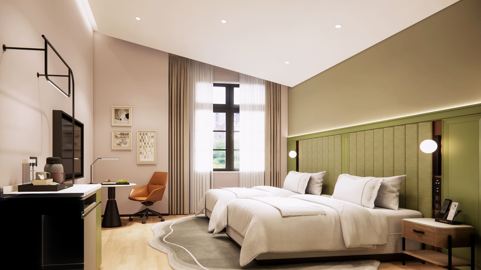 a bedroom with a bed and a desk