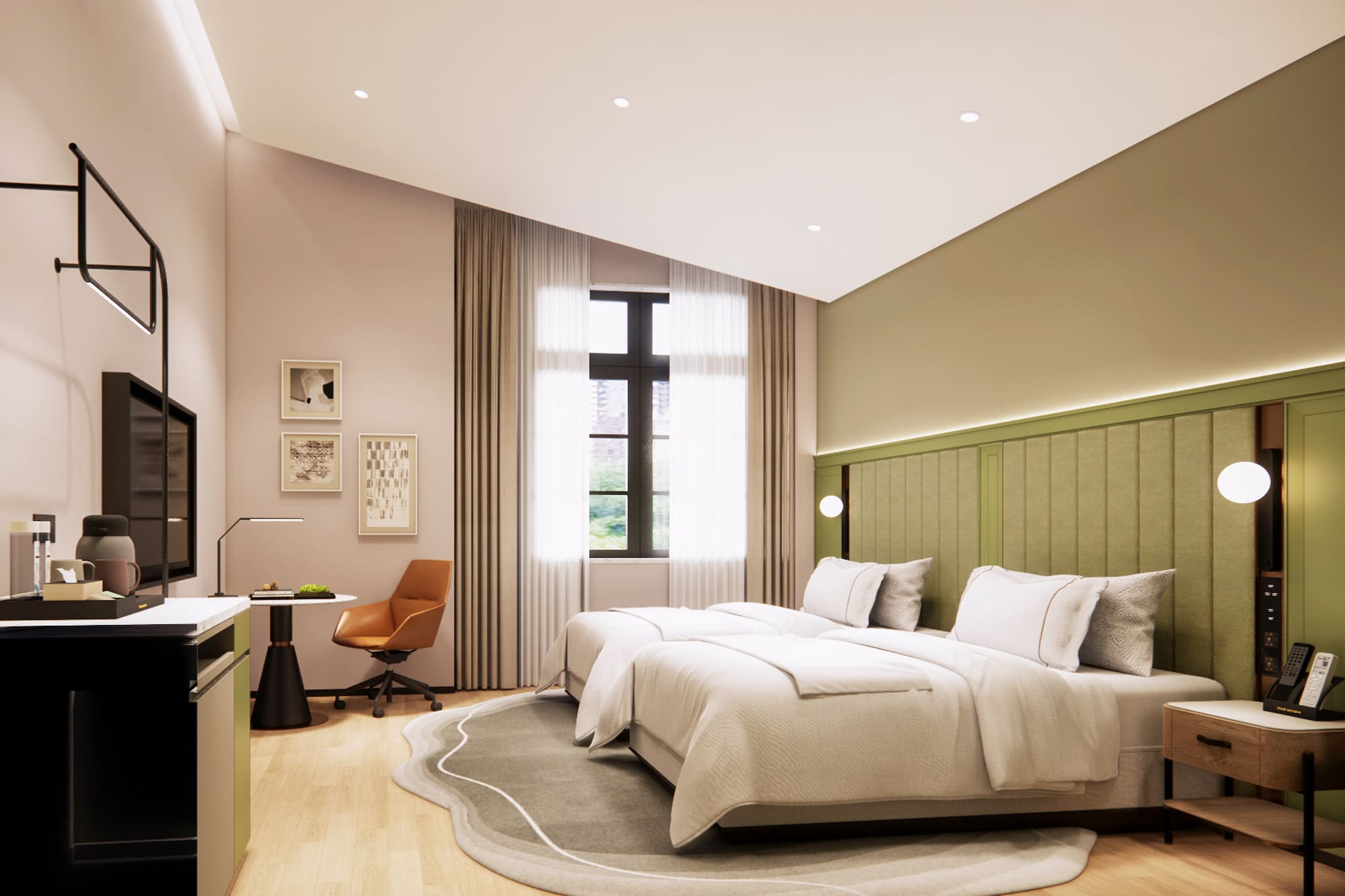 a bedroom with a bed and a desk