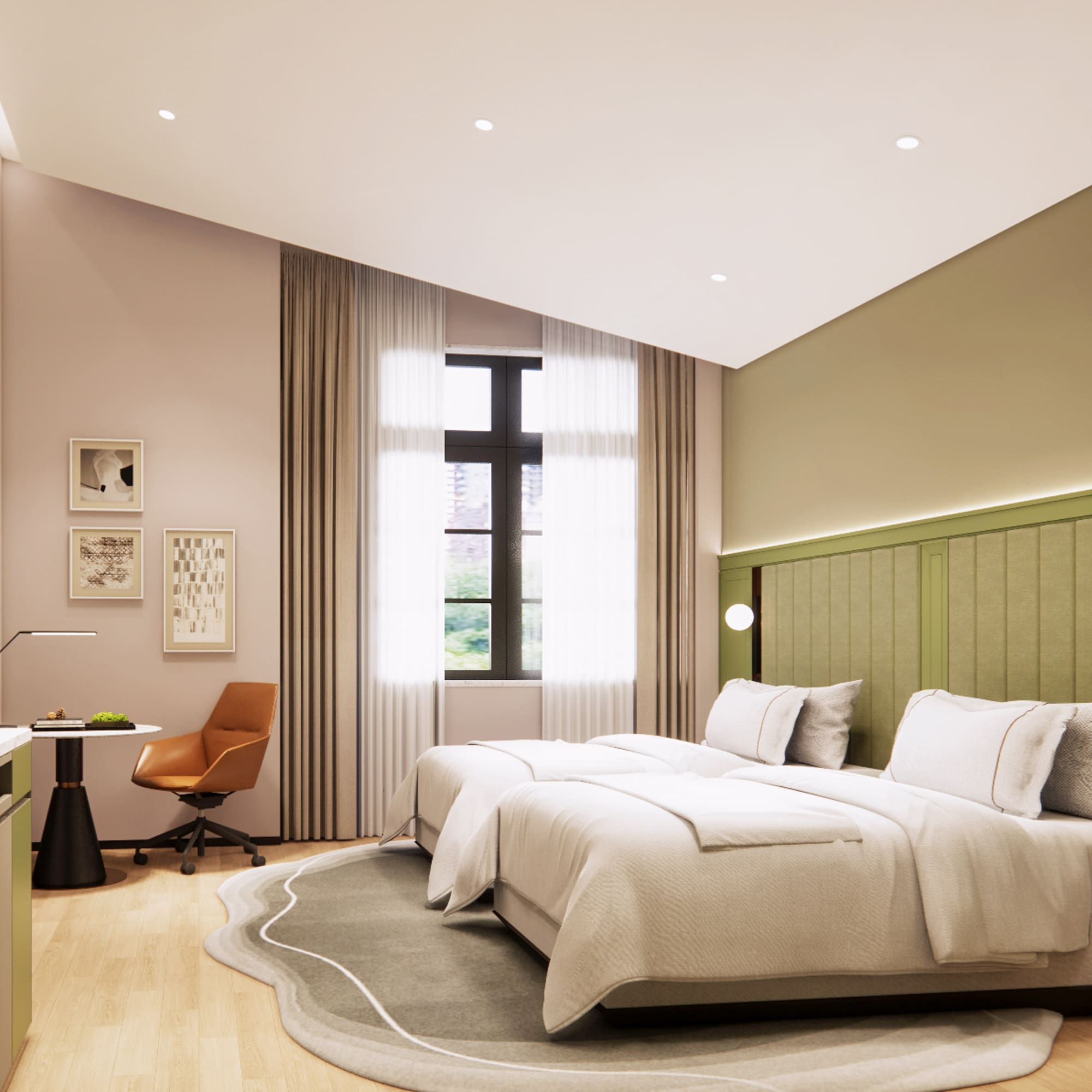 a bedroom with a bed and a desk