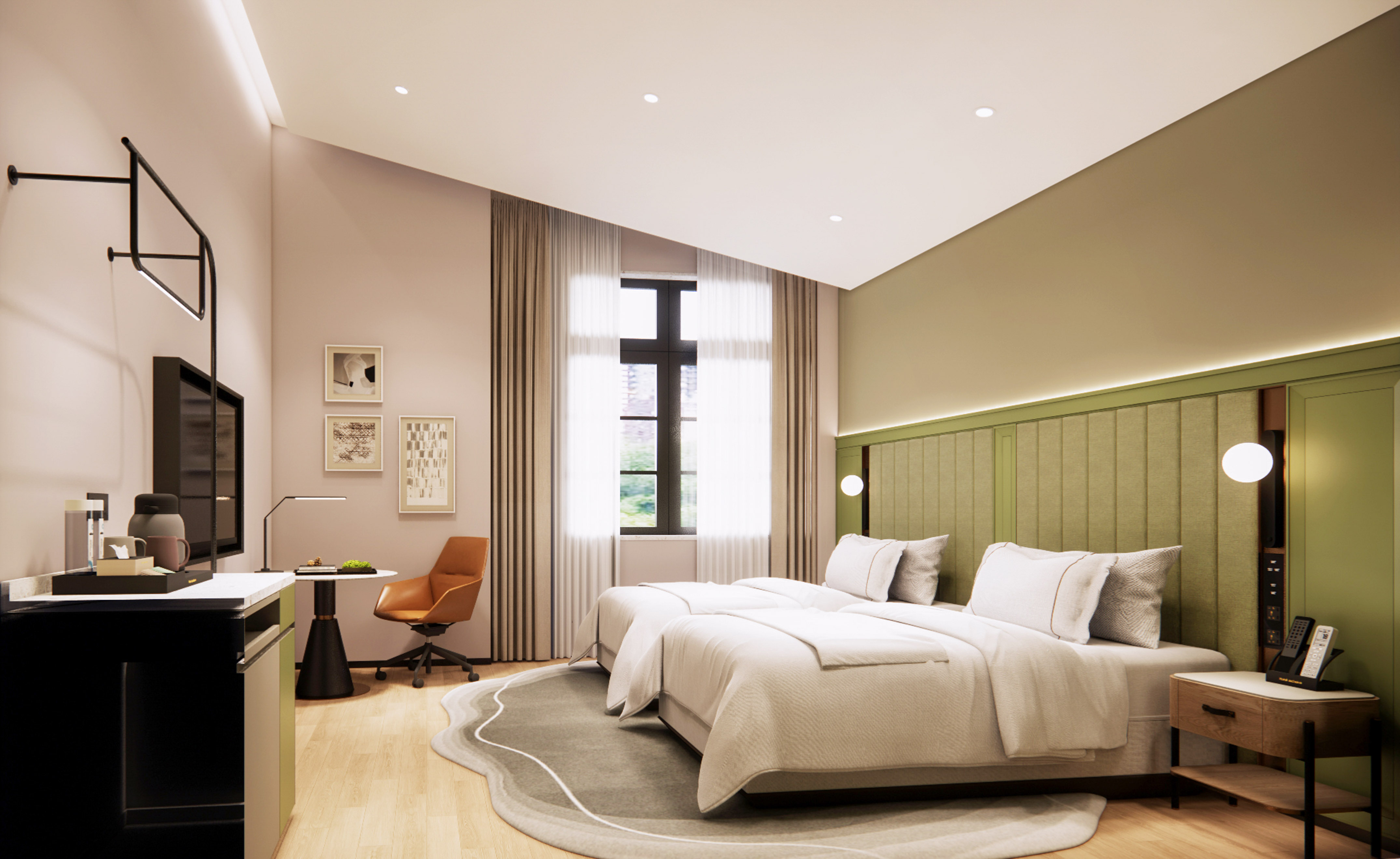 Modern hotel room with two twin beds, green headboard, and a cozy workspace.