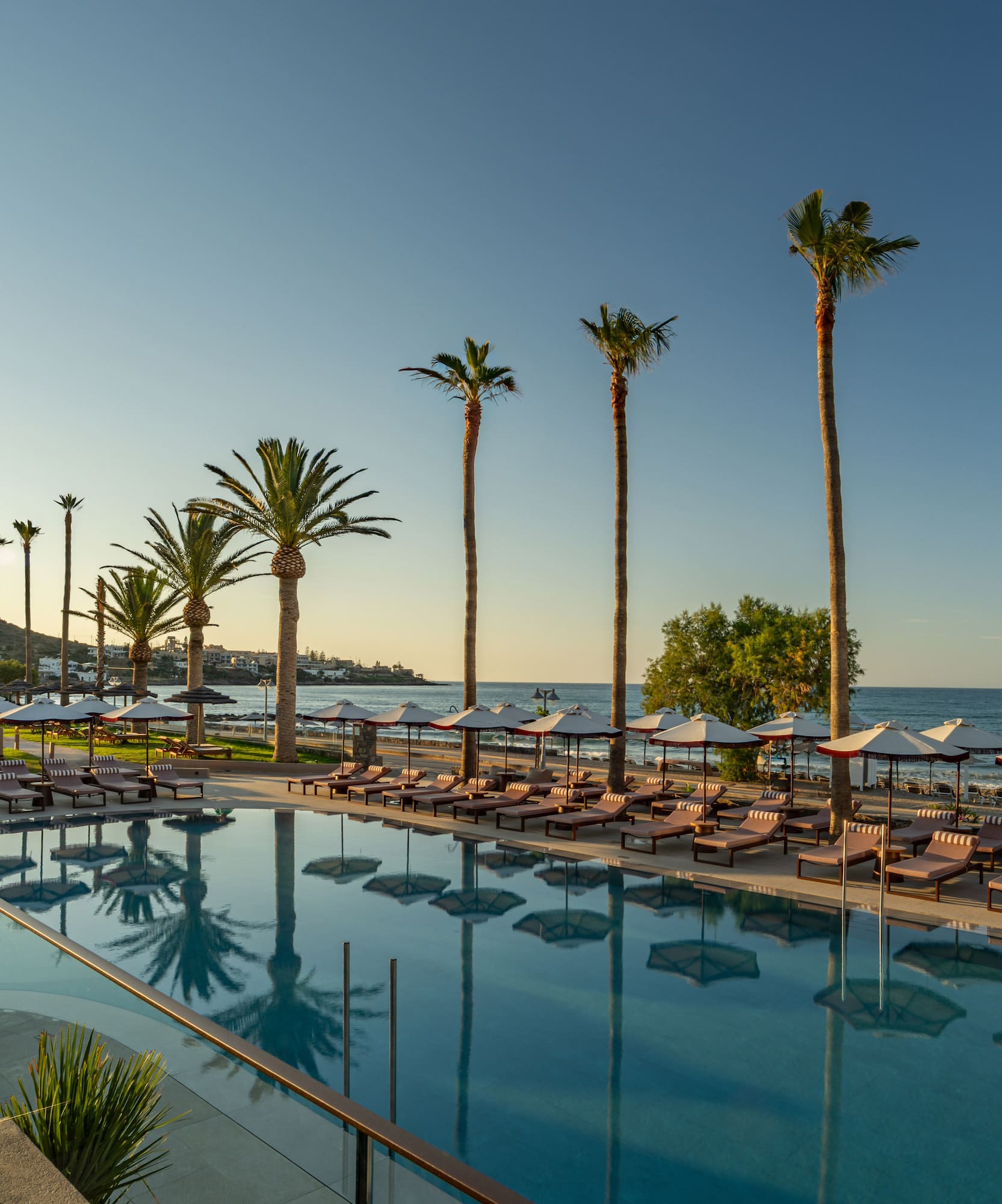 Luxury resort pool with palm trees, sun loungers, beach, and ocean.
