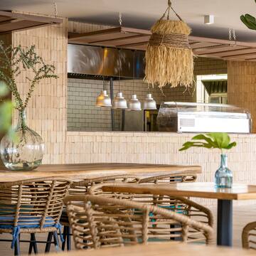 a table and chairs in a restaurant