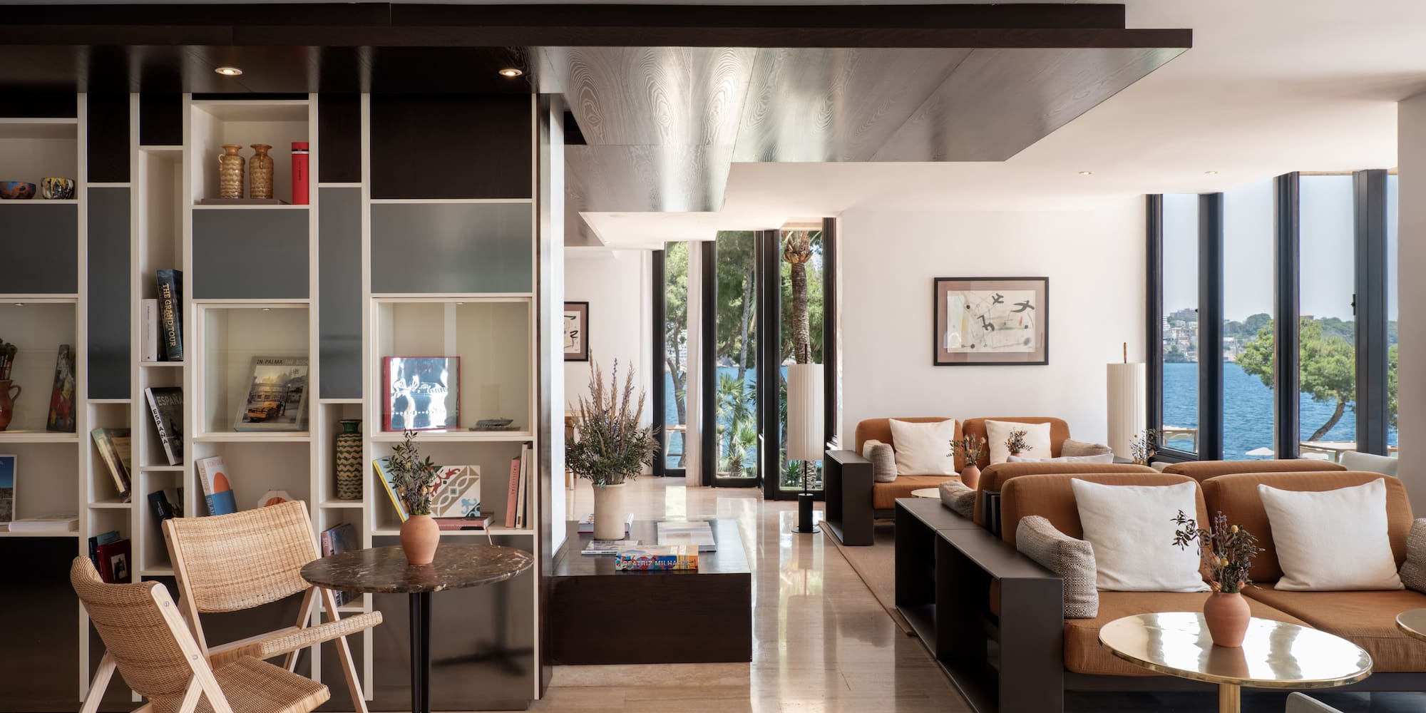 a living room with a couch and a table