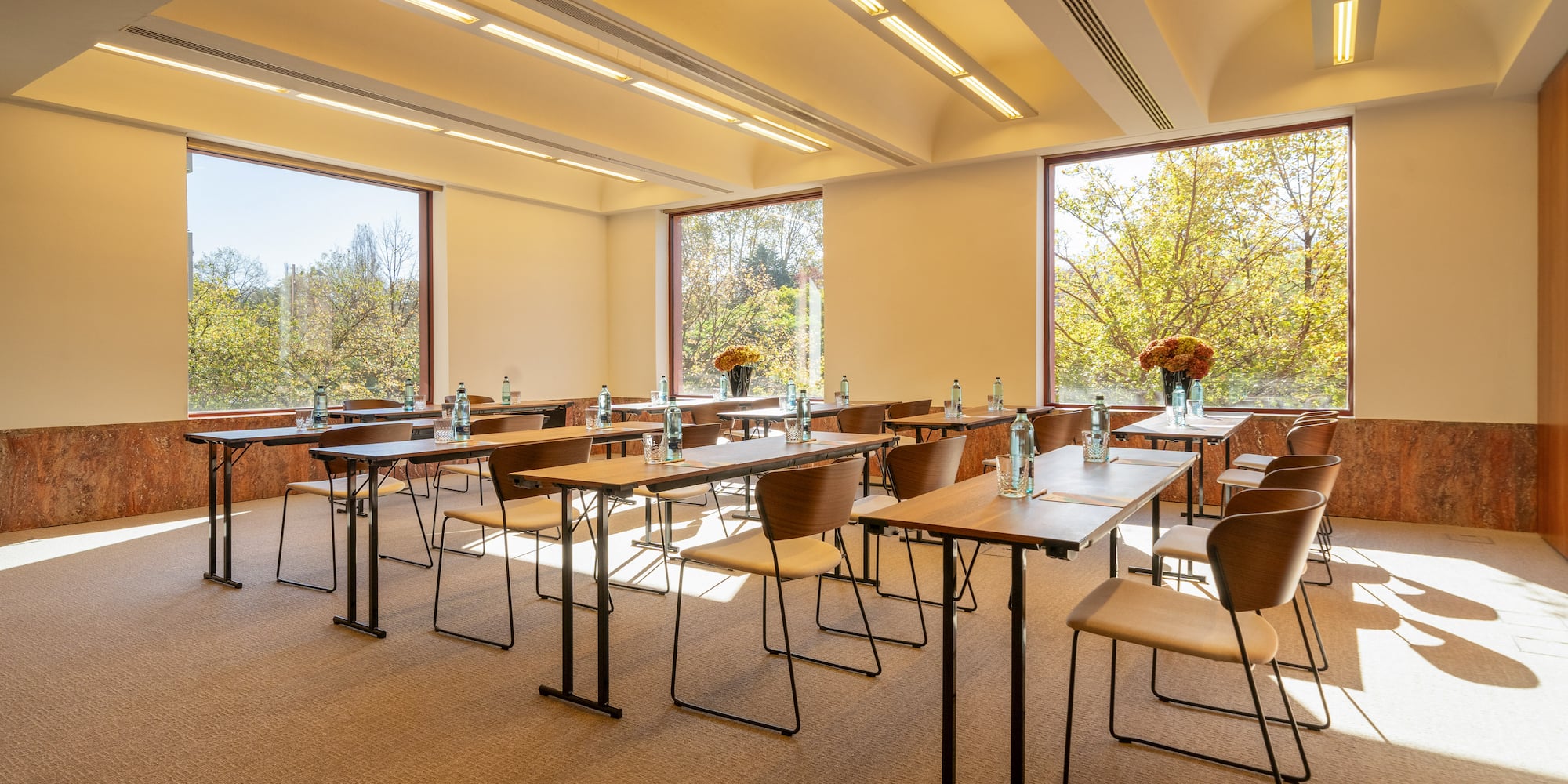 a room with tables and chairs