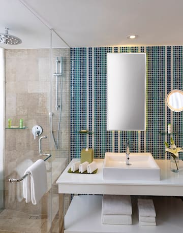 a bathroom with a mirror and a shower