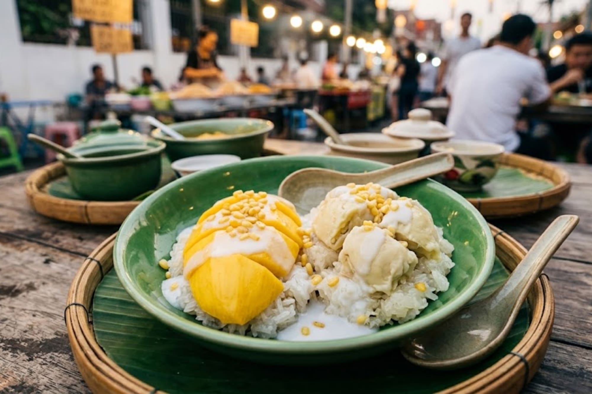 Thai mango and durian sticky rice with coconut cream at a night market.