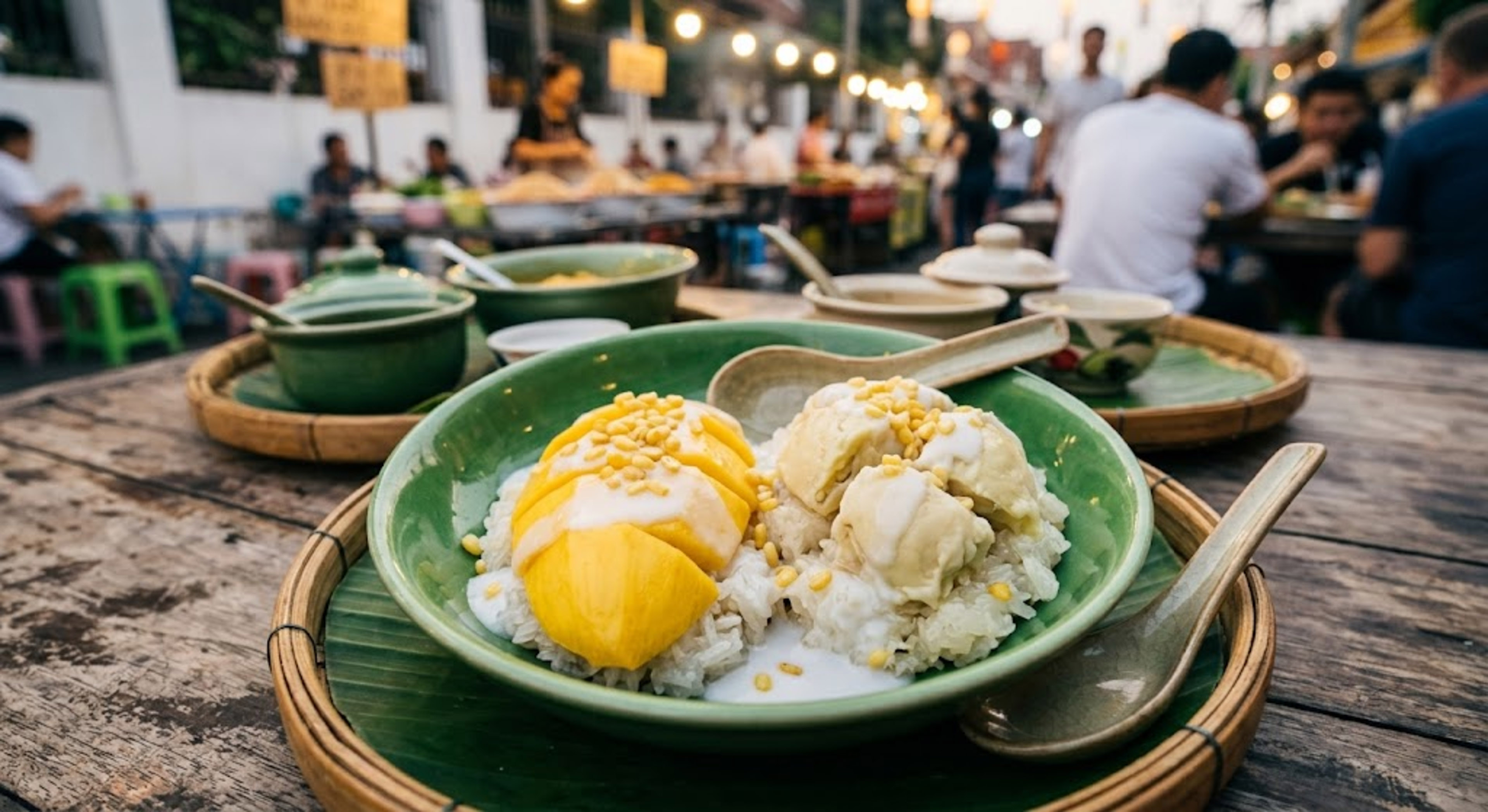 Thai mango and durian sticky rice with coconut cream at a night market.