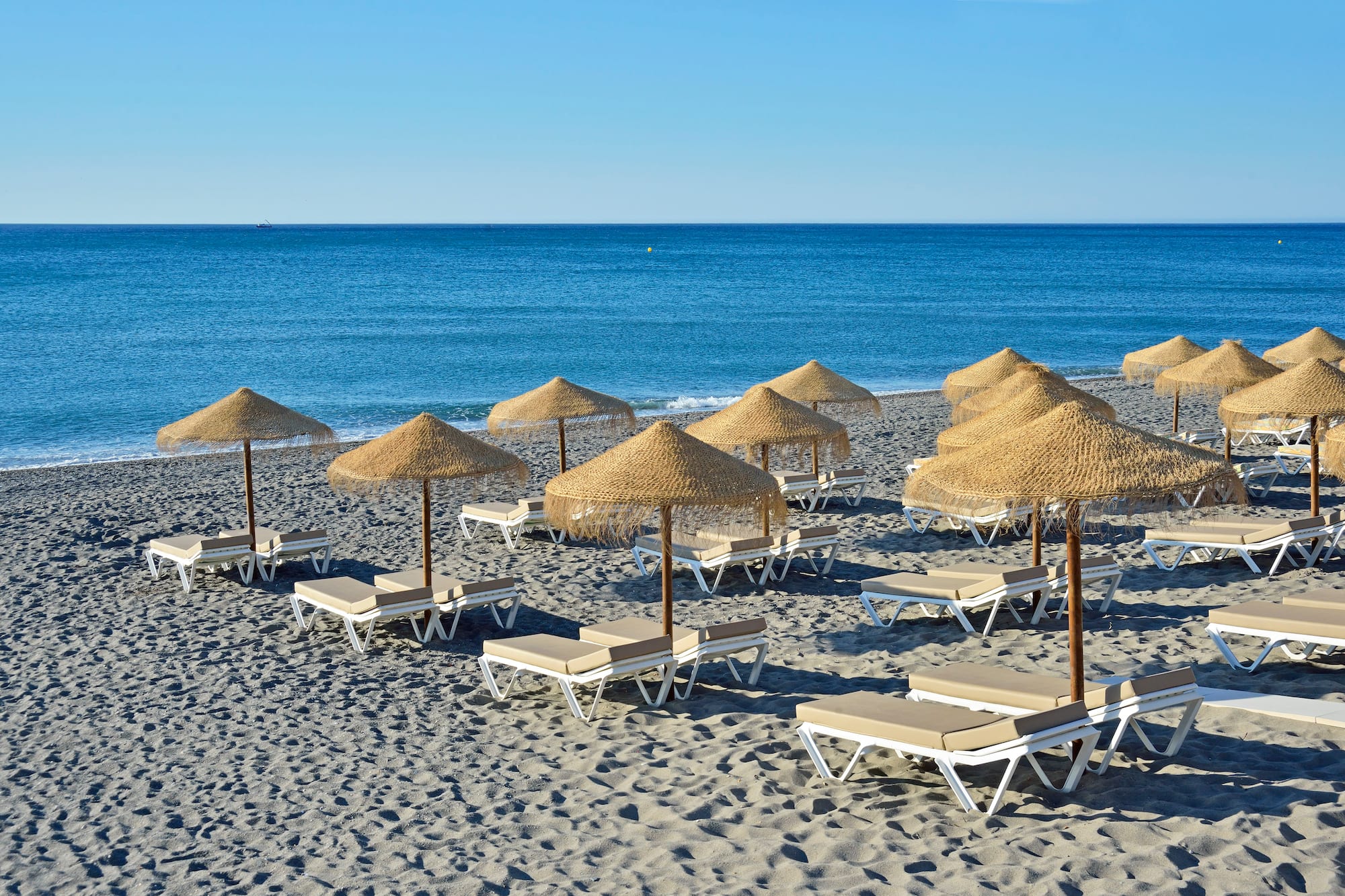 a group of lounge chairs and umbrellas on a beach