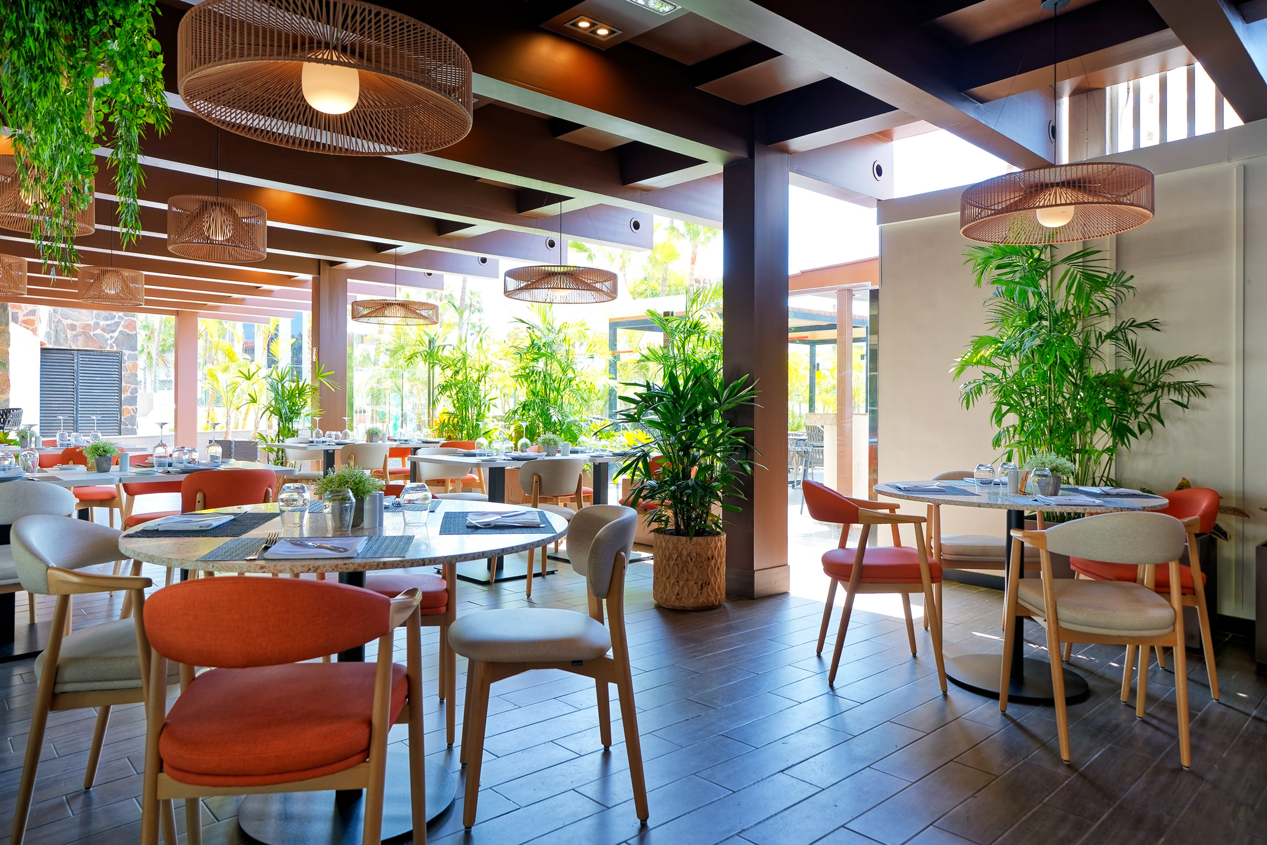 Modern restaurant dining with tropical plants, orange chairs, and rattan lights.