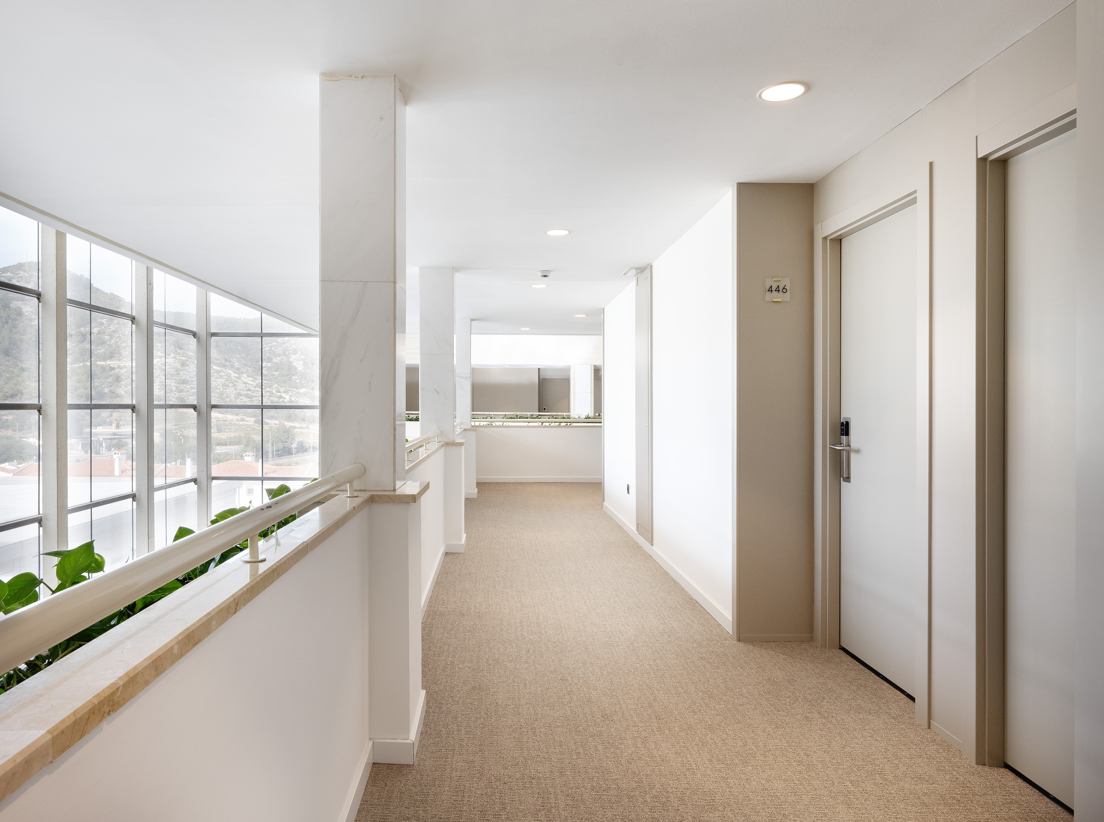 Modern hotel corridor with mountain view windows, beige carpet, and room 446.