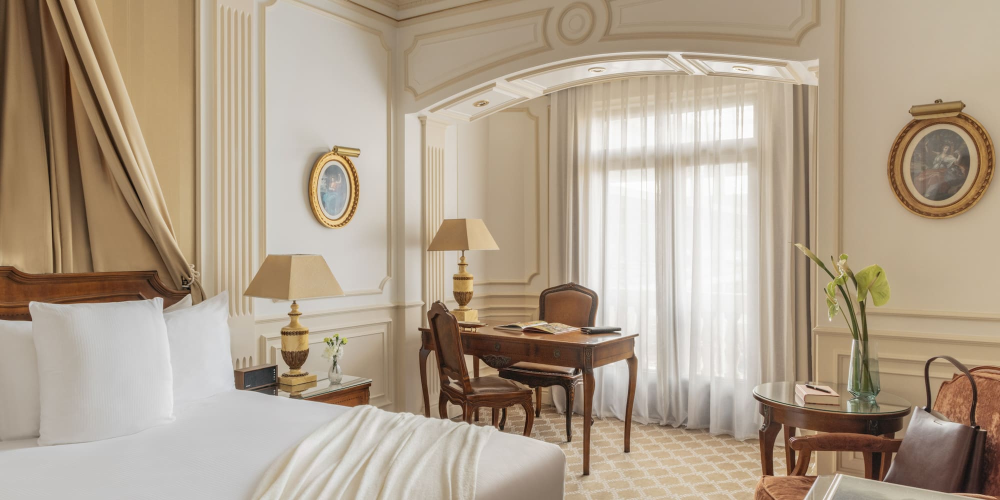 a room with a bed and a desk