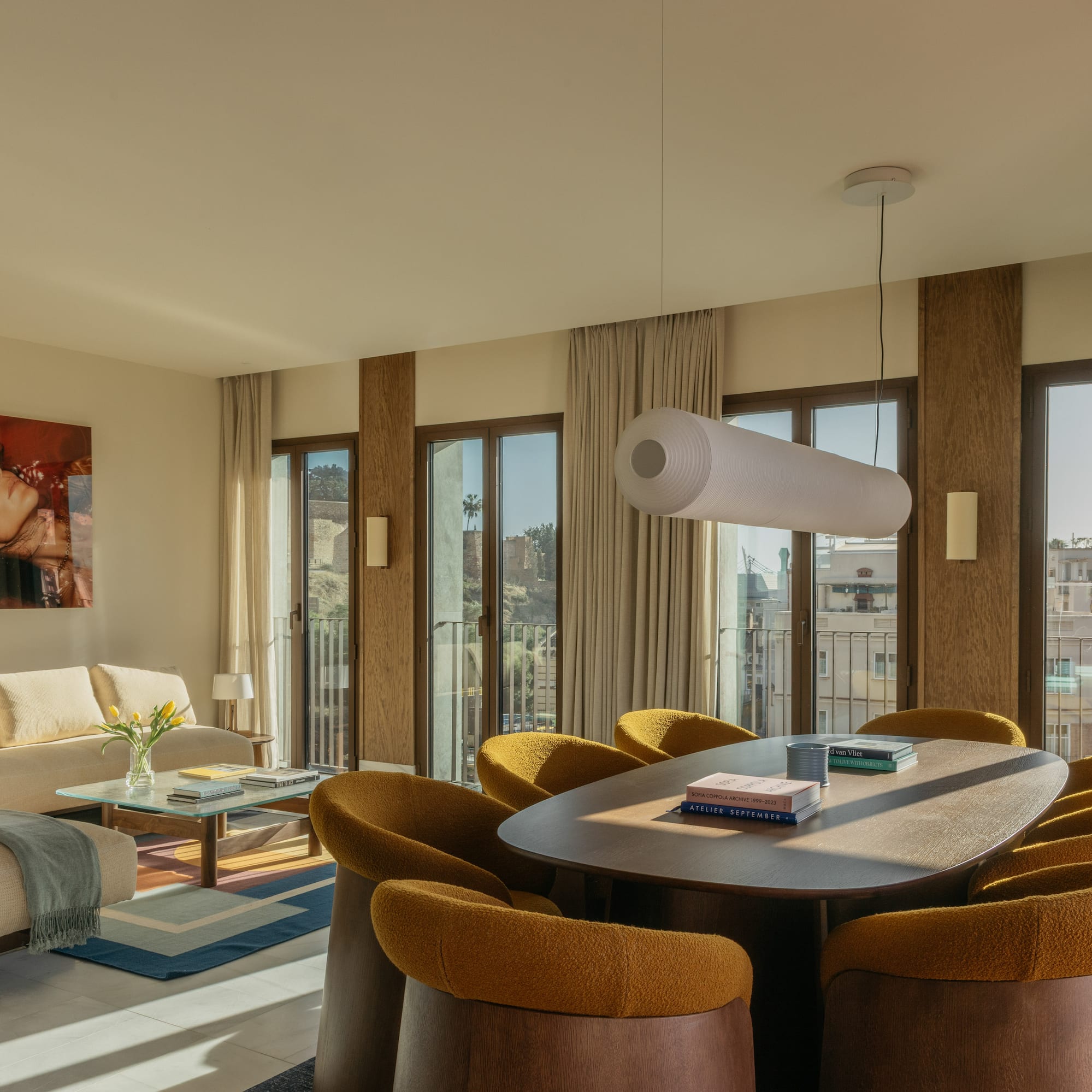 a room with a table and chairs