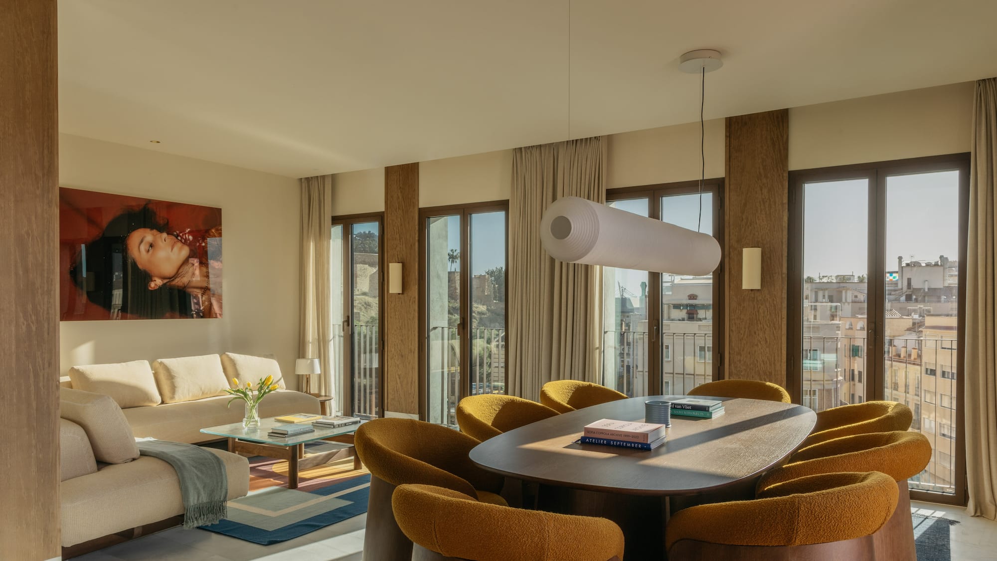 a room with a table and chairs