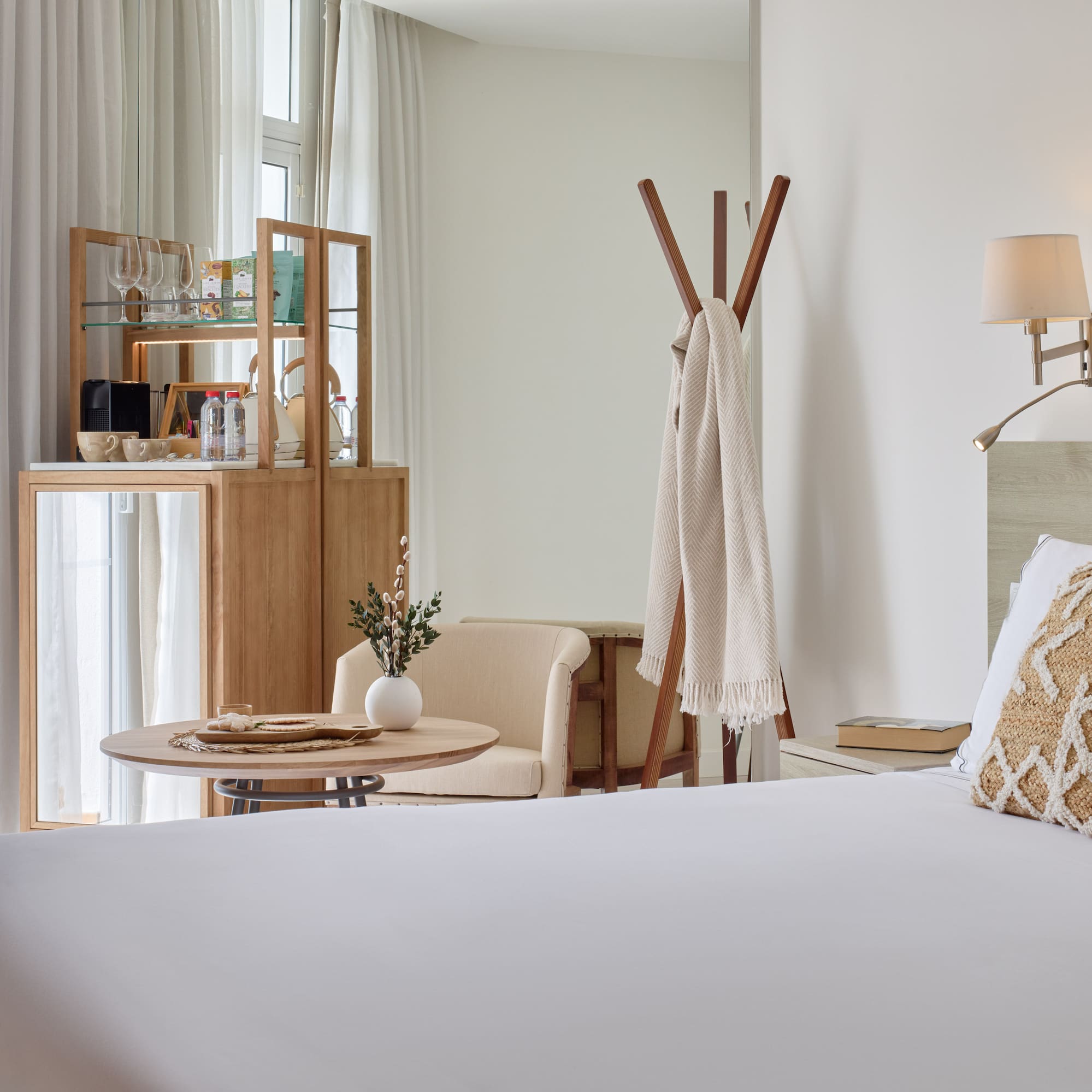 a room with a bed and a table