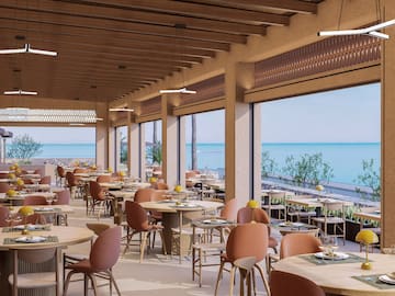 a room with tables and chairs