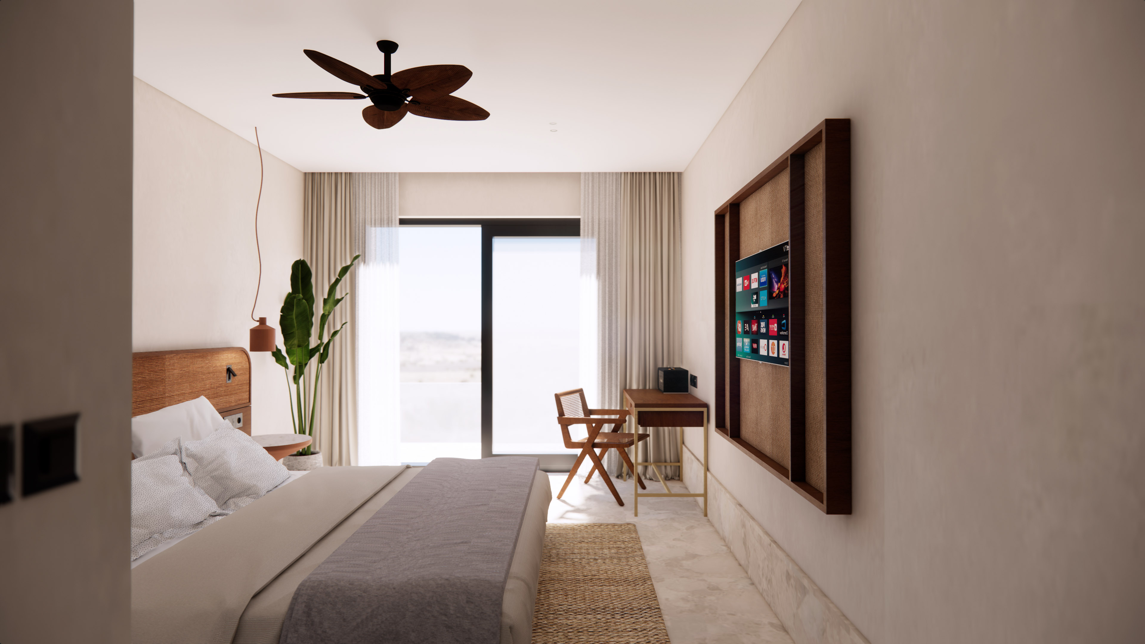 Modern hotel bedroom with wooden fan, bed, desk, wall TV, and balcony view.