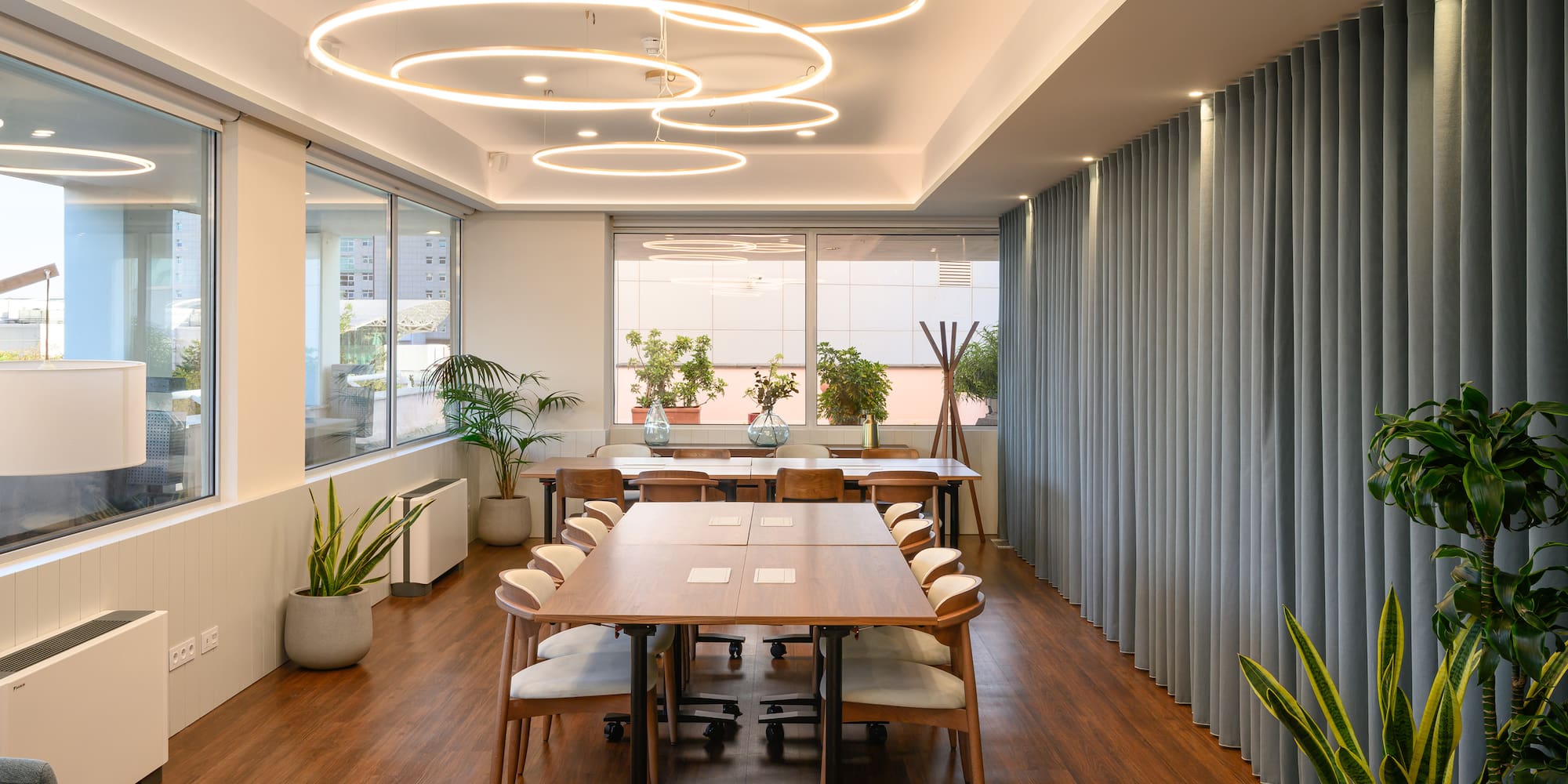 a room with a table and chairs