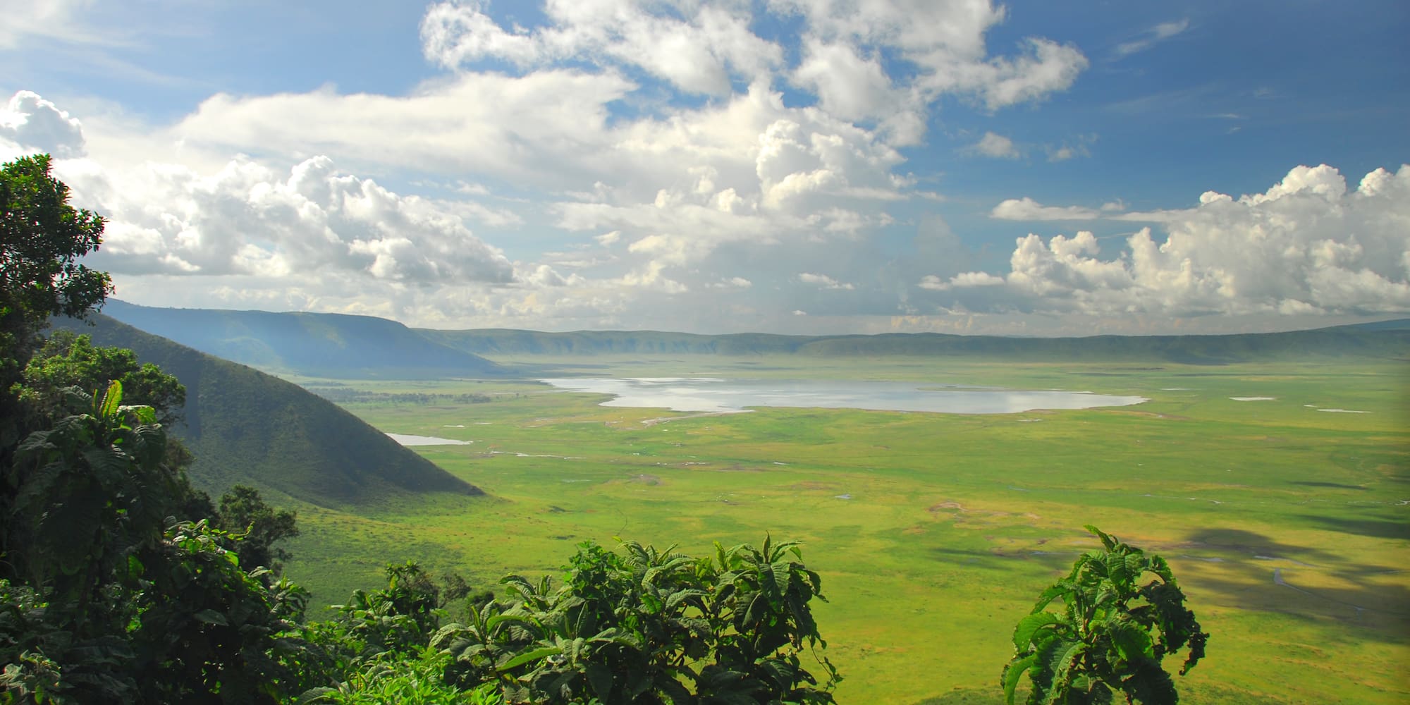 a green landscape with mountains and a lake
