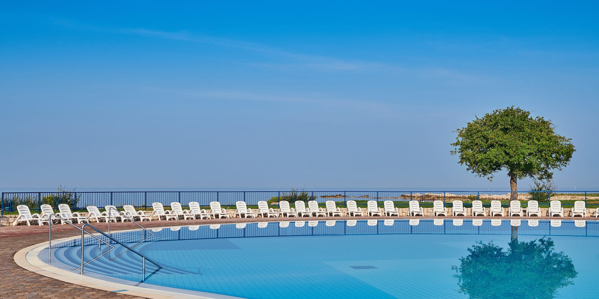 a pool with chairs and a tree