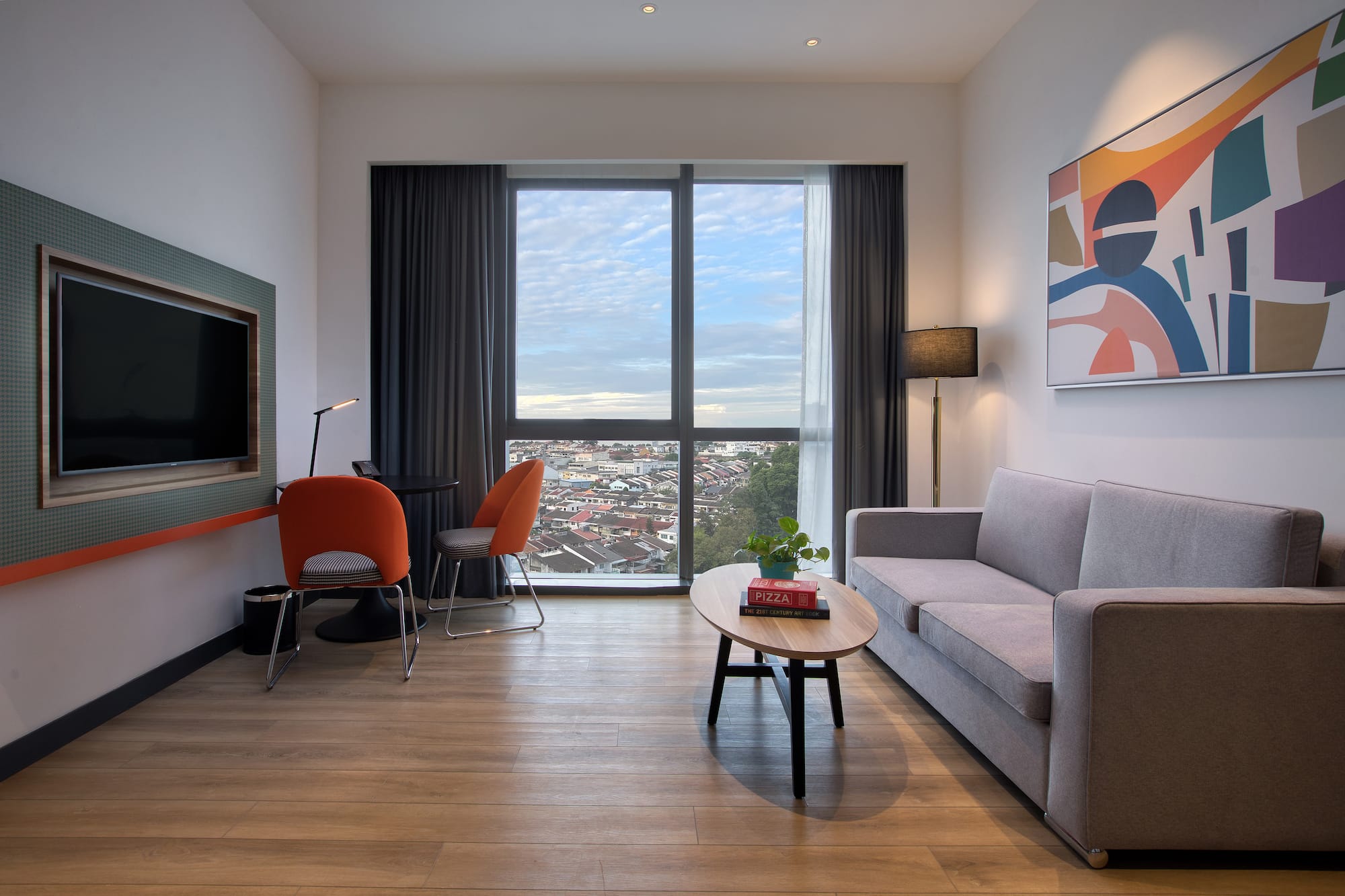 a living room with a couch and a table