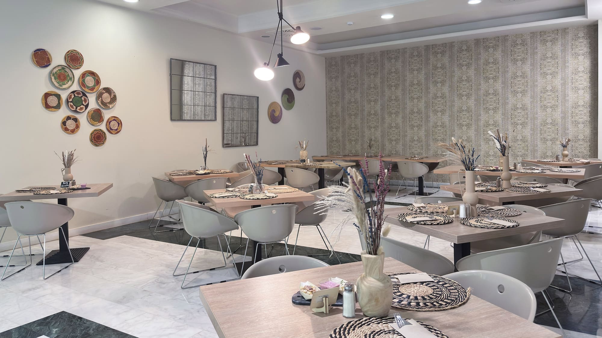 a room with tables and chairs